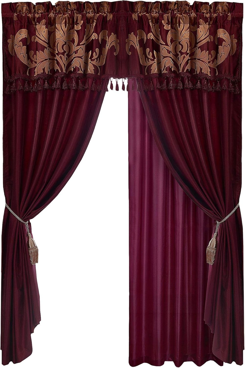Luxury Jacquard Floral 4 Piece Window Curtain Set with Valance Sheer Maroon Gold