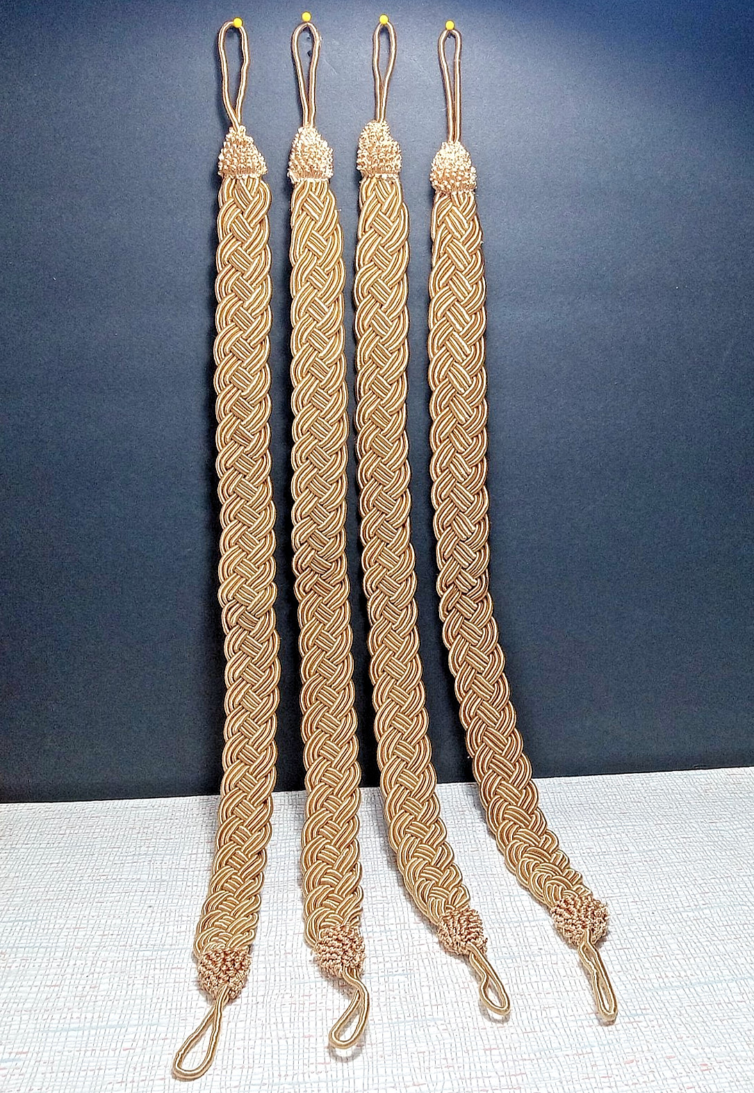 Set 4 Braided Curtain Tie Backs Gold Corded 24.5″ Long each Beautiful