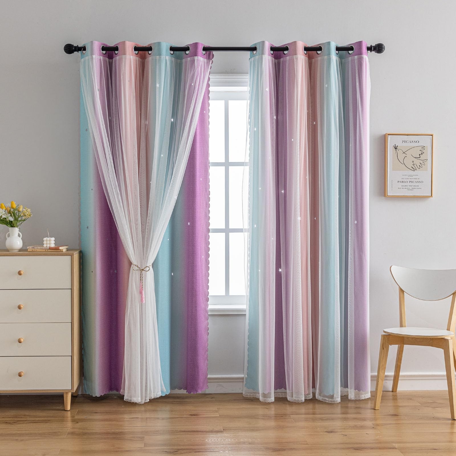 Star Girl and Curtains for Bedroom Rainbow Ombre Double Layer Cute Shot Nurse…