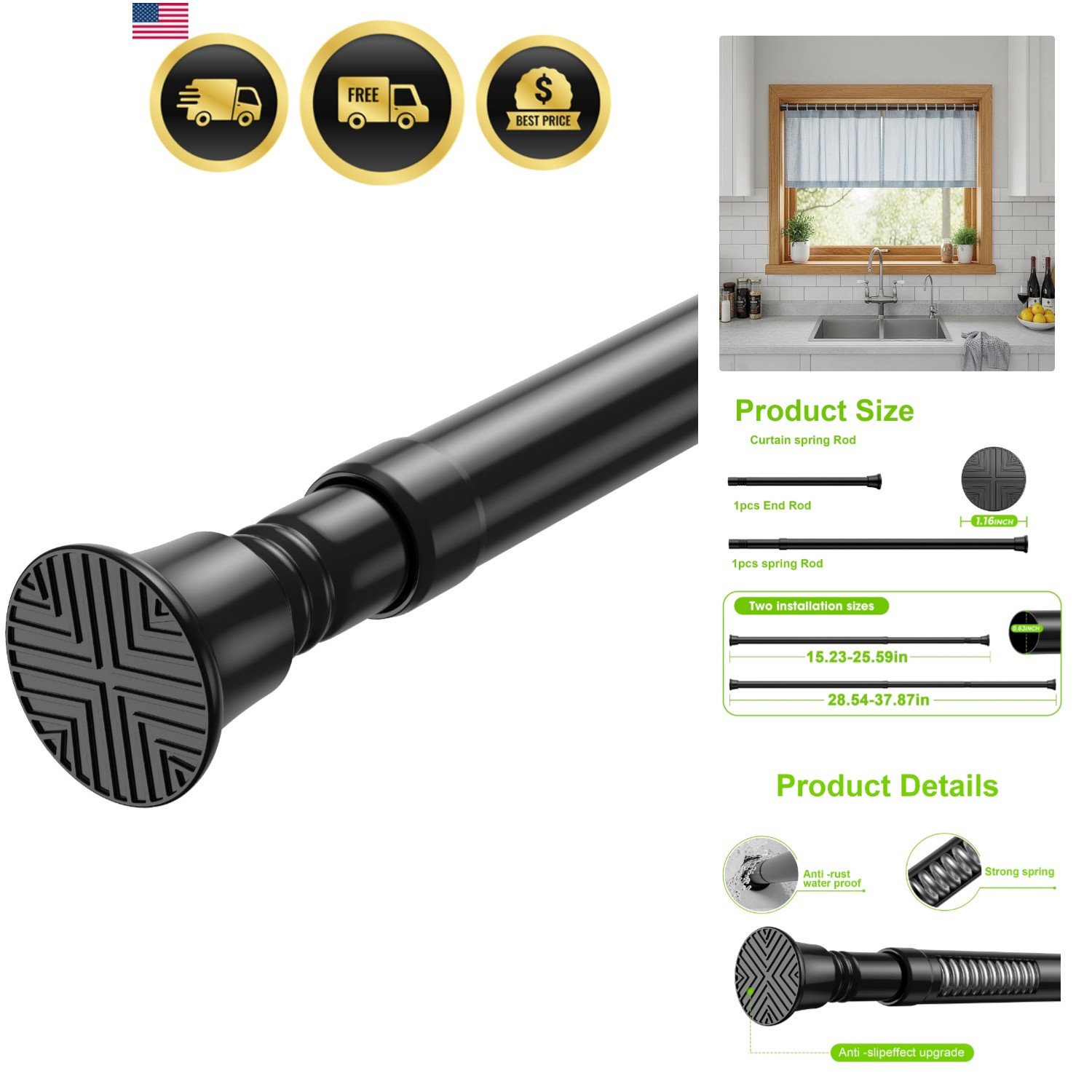 Small Tension Rod 16-38inch Black Tension Curtain Rod No Drilling Spring Rods…