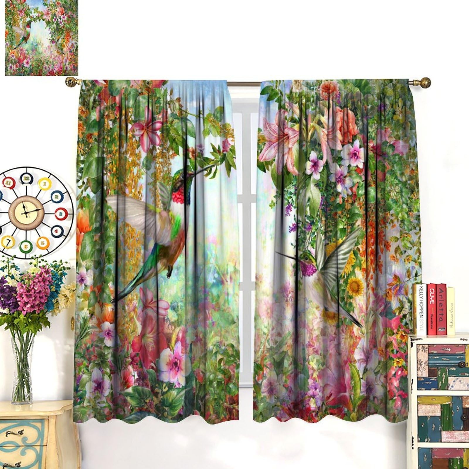 Hummingbird Spring Floral Curtains,Watercolor Pink Flower Plant Butterfly Hum…