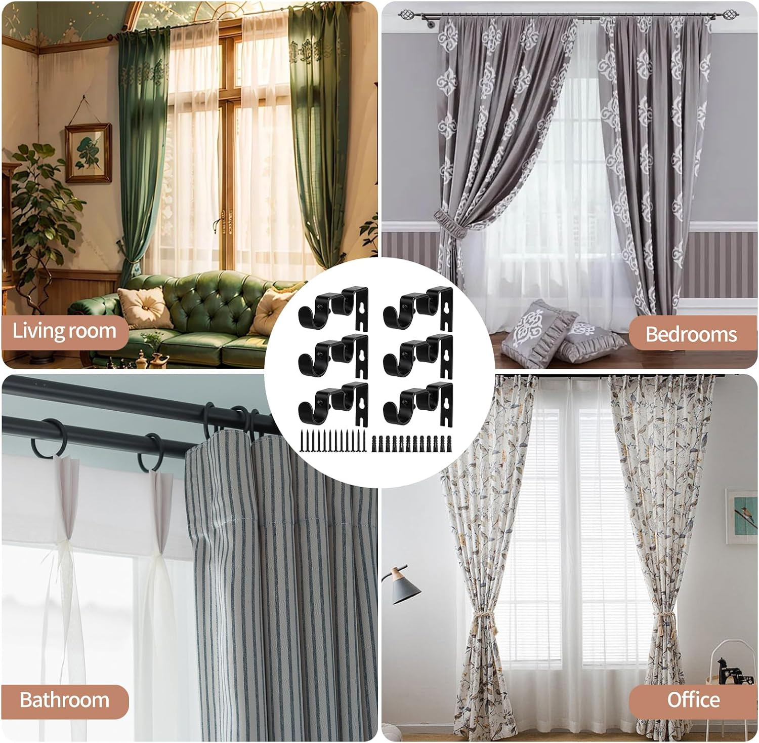 6 Pack Double Curtain Rod Brackets,Heavy Duty Adjustable Curtain Rod Holders