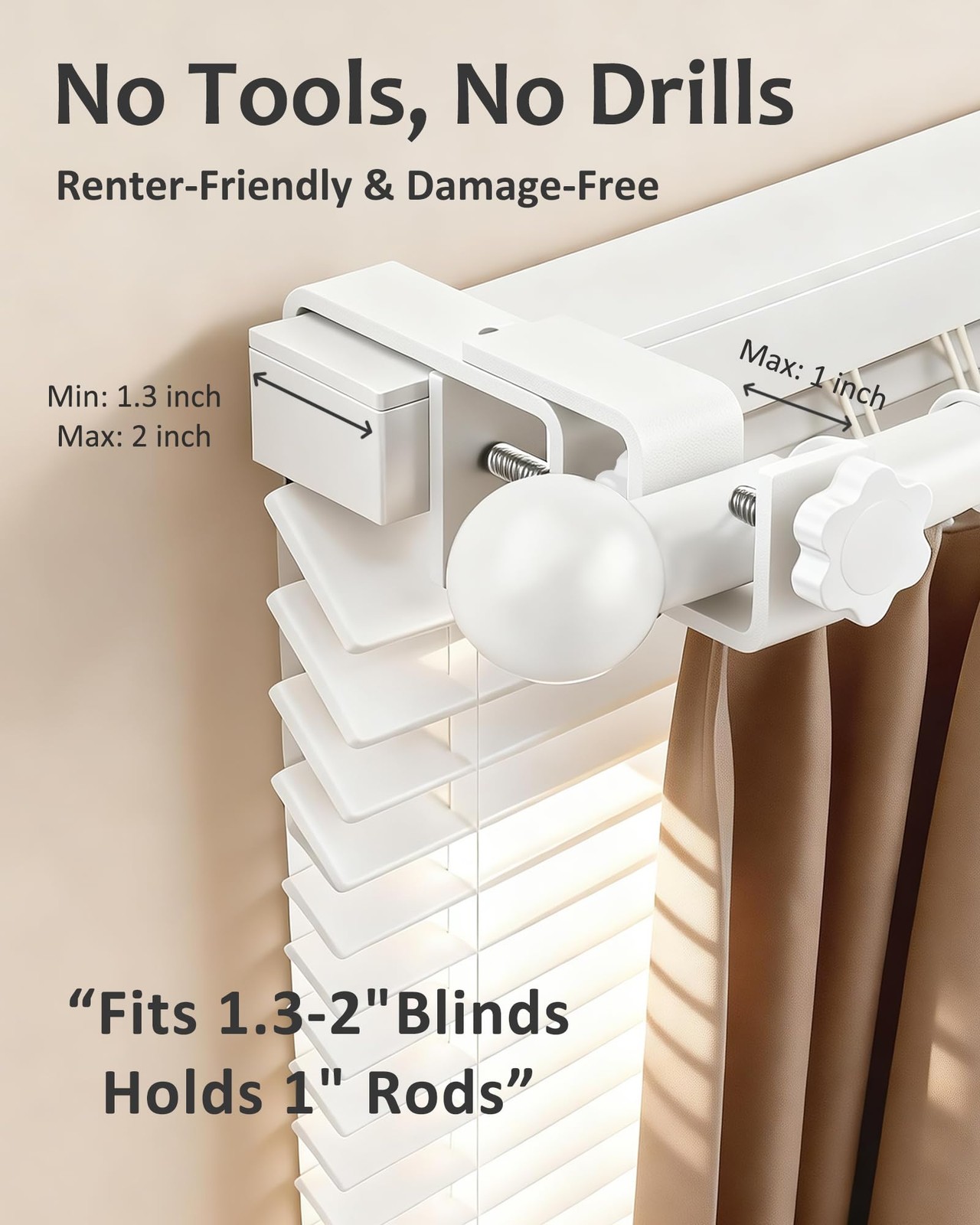 No Drill Curtain Rod Brackets for Outside-Mount Blinds, Tool-Free Over-Blind …