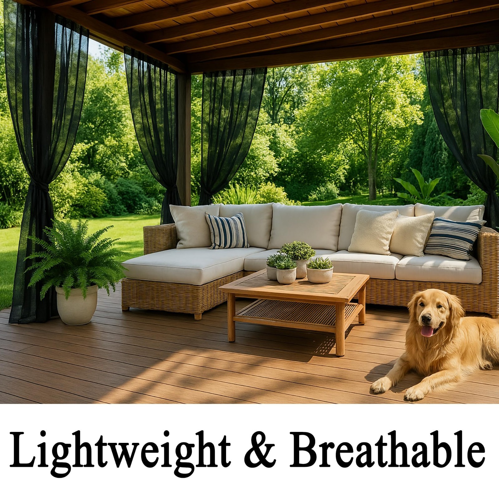 Extra Wide Waterproof Outdoor Curtains – Black Voile Mesh Bug Netting, 2 Panels,