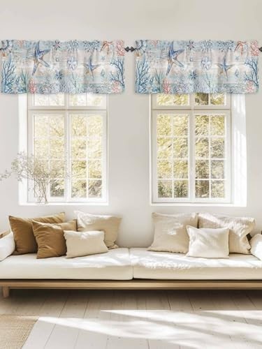 Coastal Starfish Curtain Valances 2 Pack – Nautical Beach Window Treatments 54×1