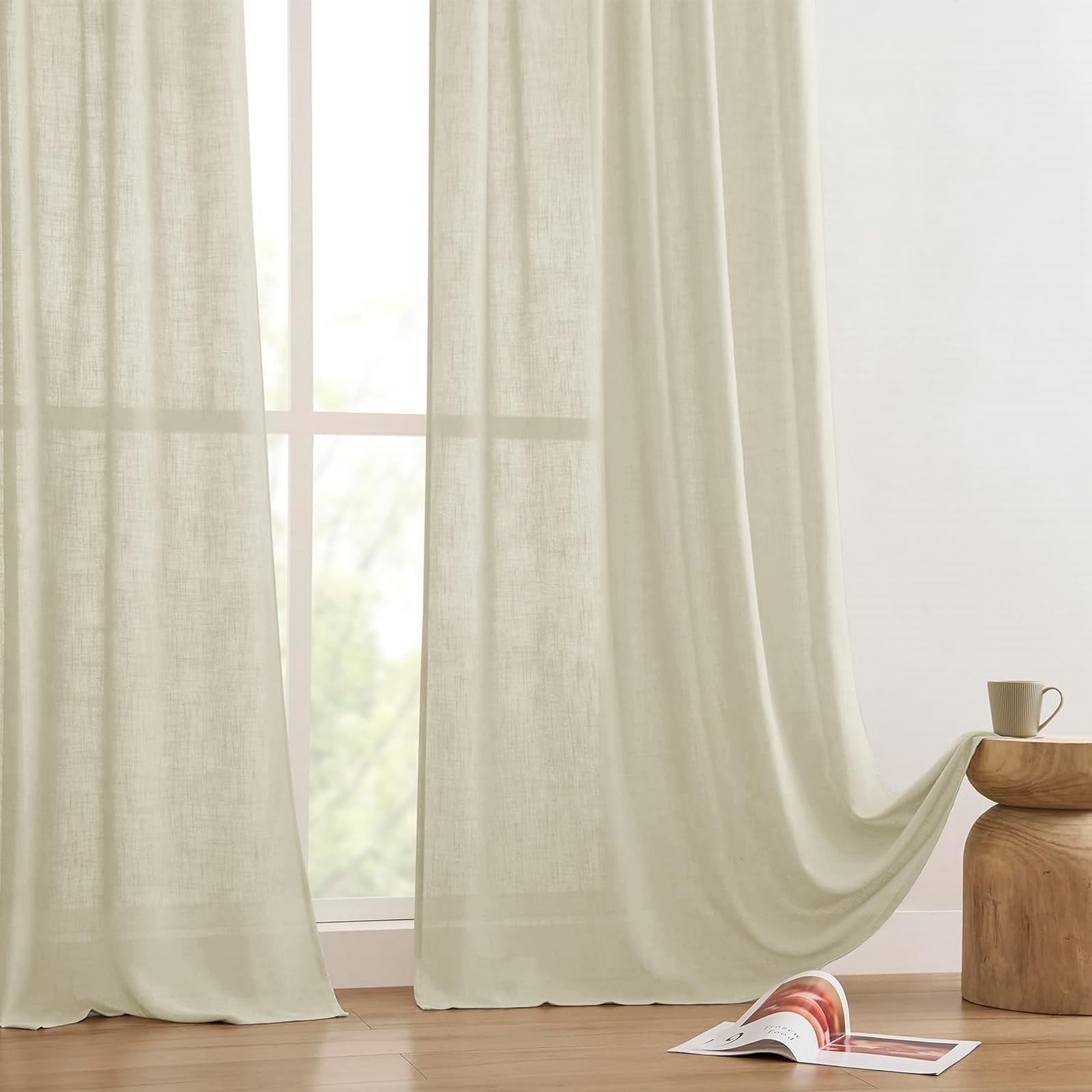 Joydeco Linen Curtains Set 2 Panels 52″W x 72″L Natural Light Filtering Drapes