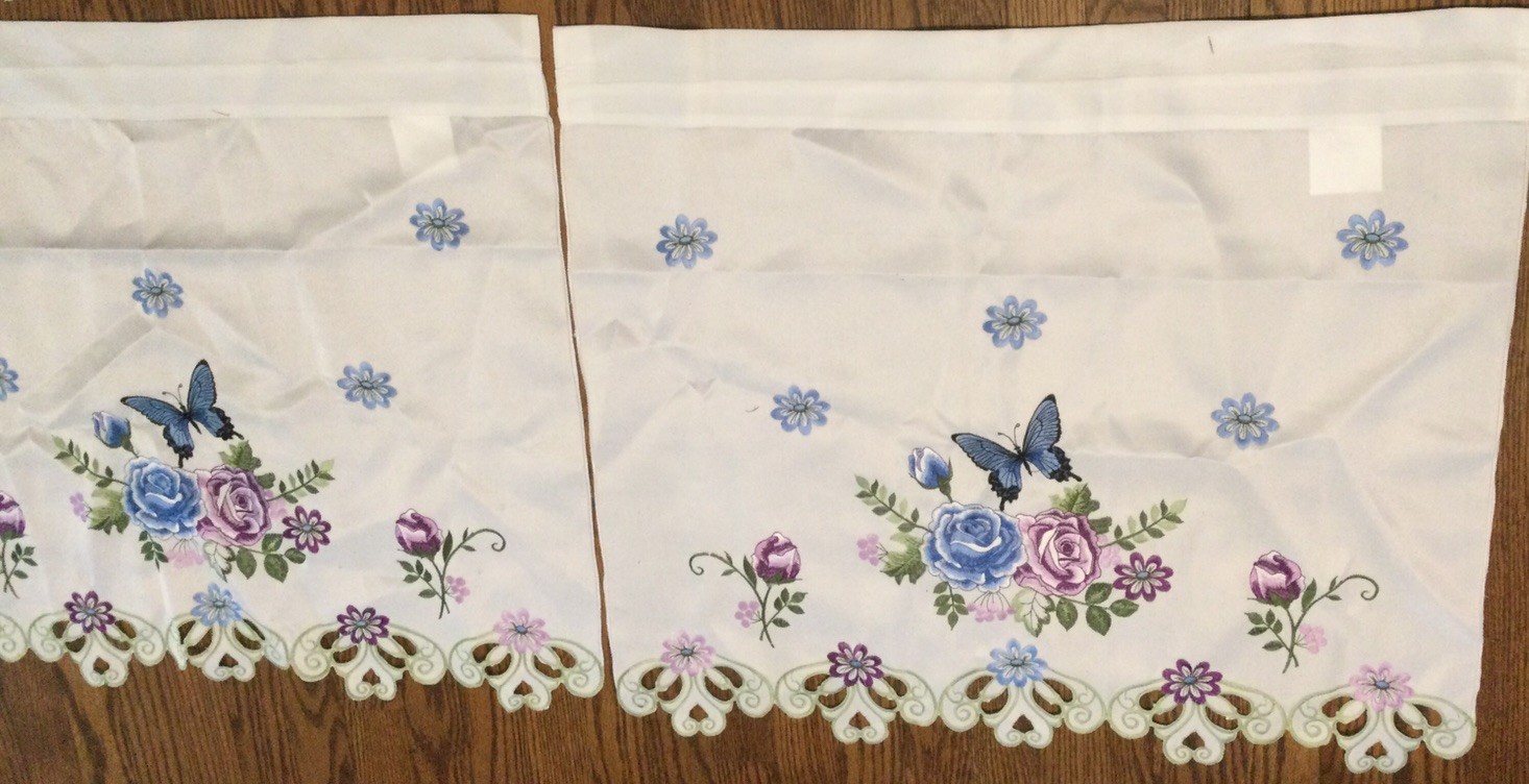 Embroidered White 2 Tiers Window Curtains Blue Roses Butterflies 24.5”x 28” NEW