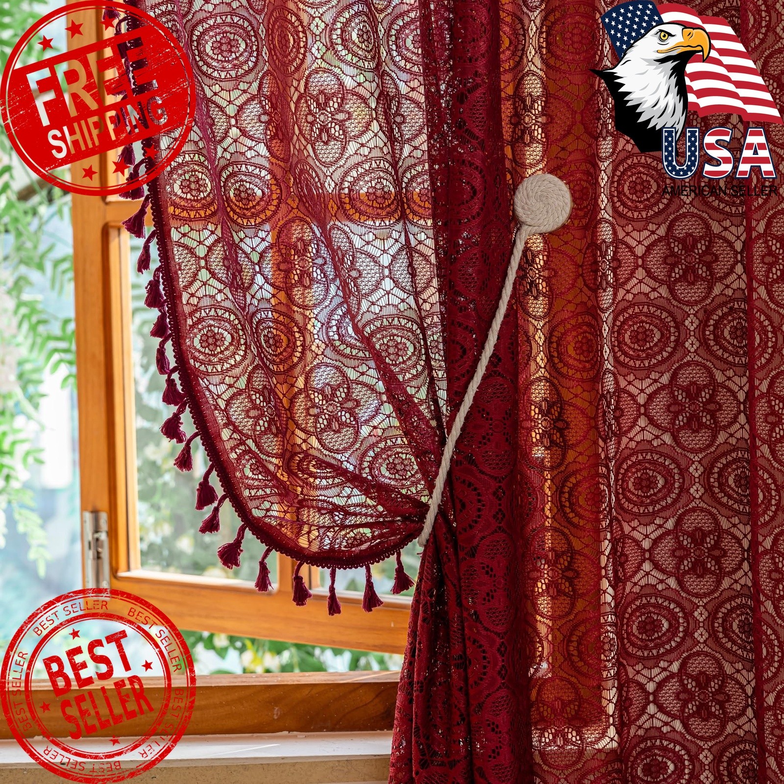 YJ YANJUN Lace Curtains Burgundy 59×63 2 Panels