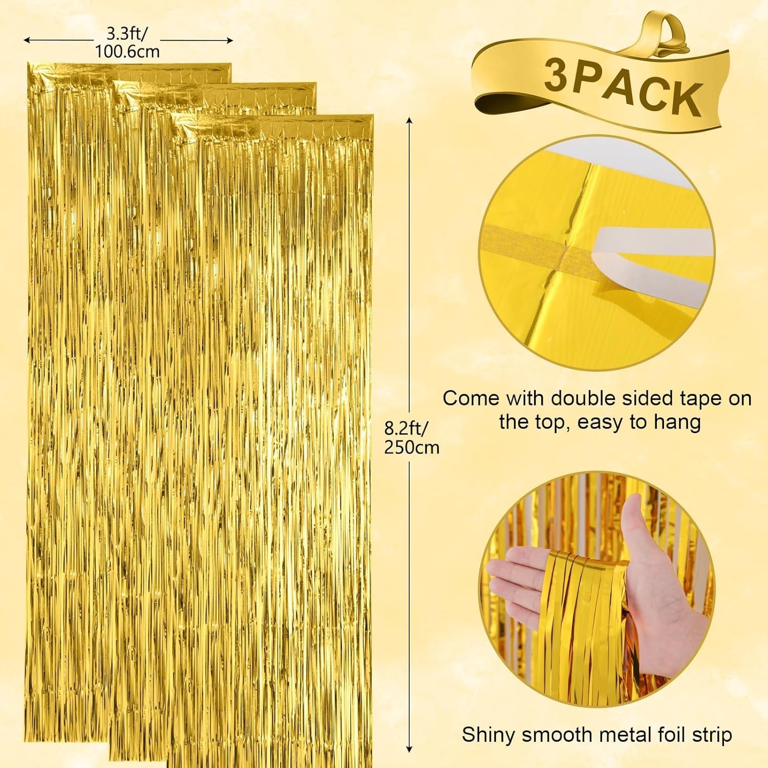 3 Pack 3.3×8.2 Feet Gold Foil Fringe Backdrop Curtains, Tinsel Streamers, Fri…