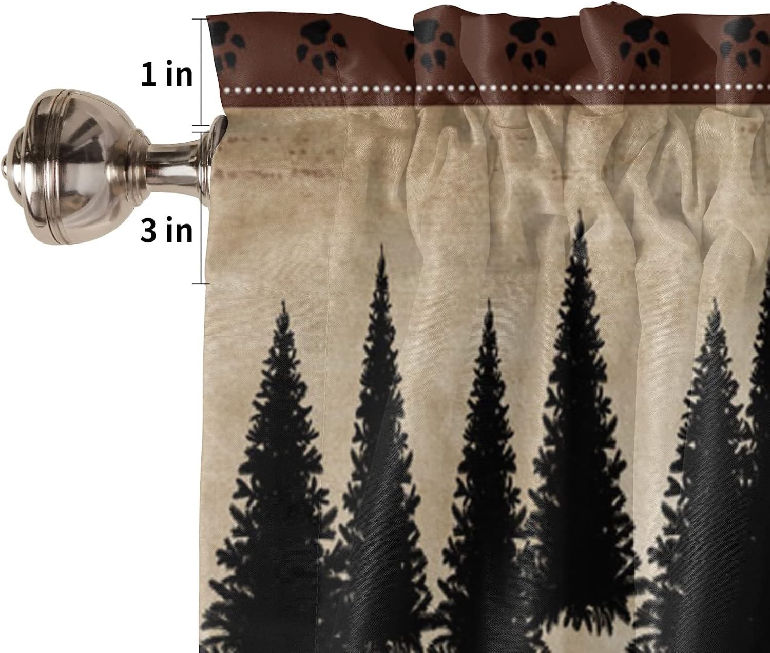 Cabin Curtain Valance for Windows Rustic Black Bear Pine Tree Silhouette 4 pack.