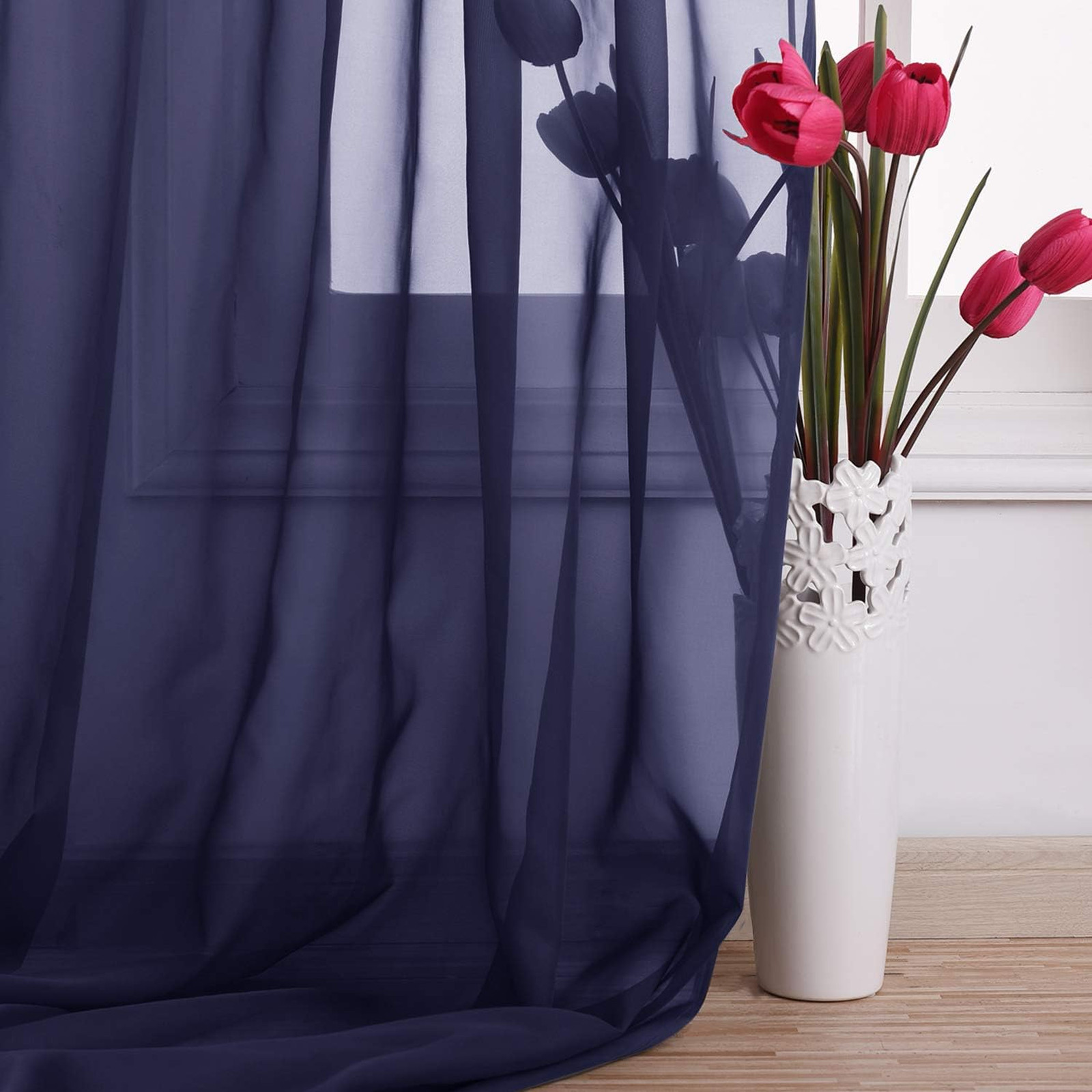 Dark Blue Sheer Window Scarves Set of 2 Voile Sheer Curtains for Kids Room Party