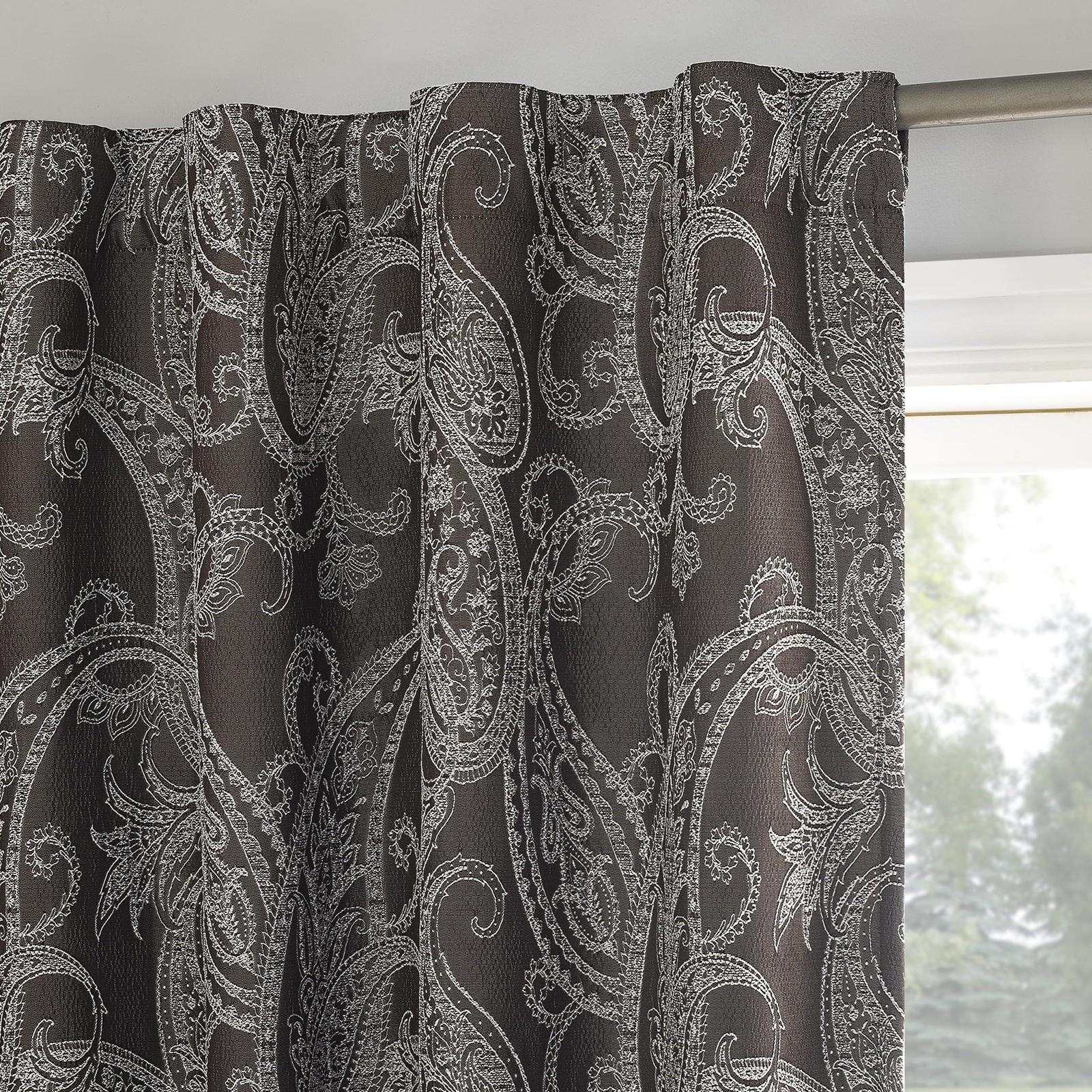 Pedra Paisley Embroidery 100% Total Blackout Back Tab Curtain Panel, Chocolat…