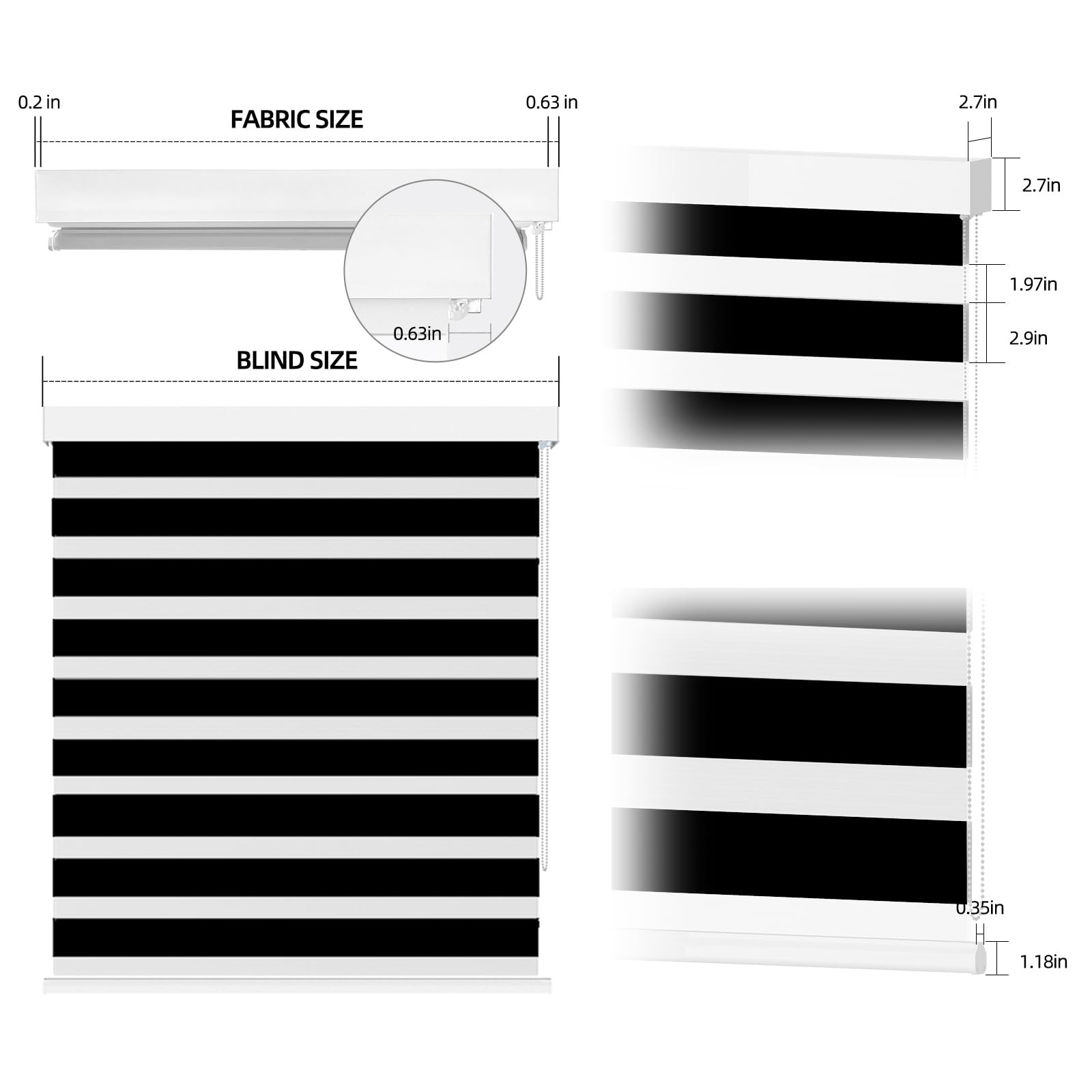 Zebra Roller Window Shades 34″ W x 72″ H Black Corded