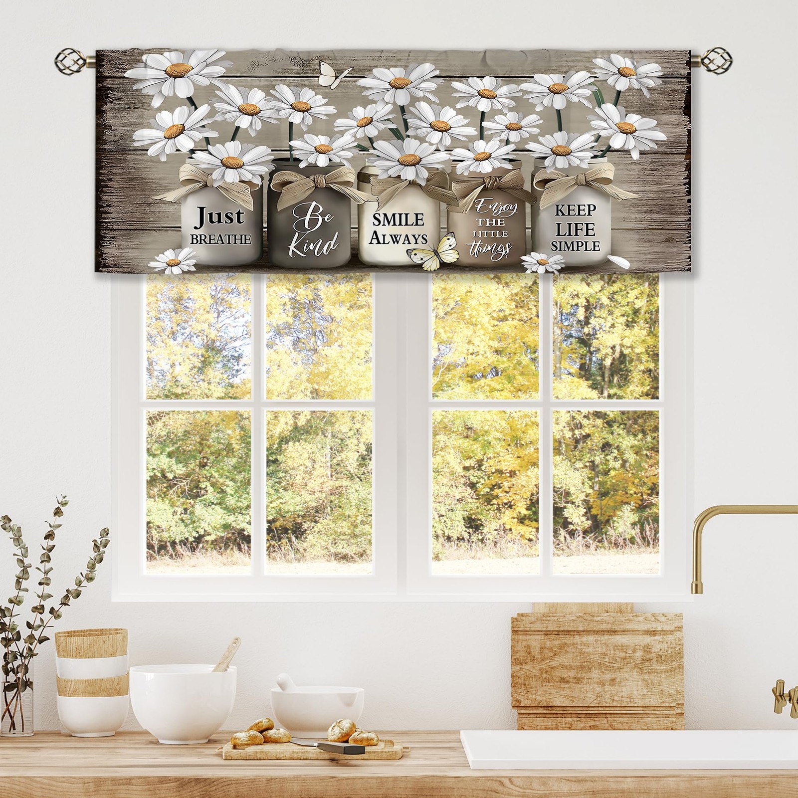 Farmhouse Floral Curtain Valance for Window Treatments Daisy Rustic Vintage F…