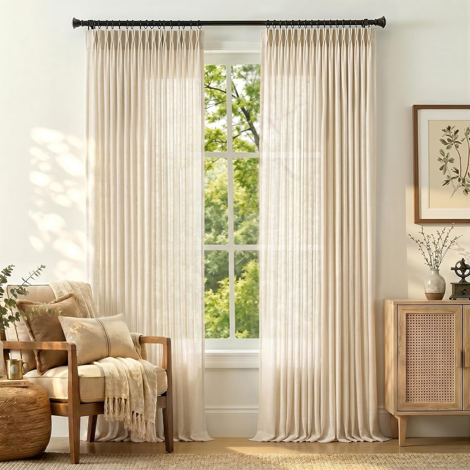 Pinch Pleated Linen Curtains 96 Inches Long for Living Room Light Filtering B…