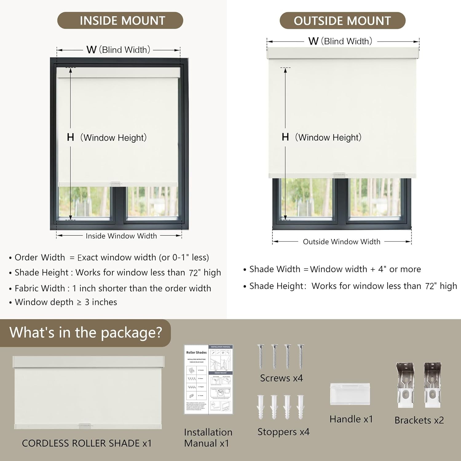 SunOff Cordless Blackout Roller Shades Beige Pull Down 32″ W x 72″ L