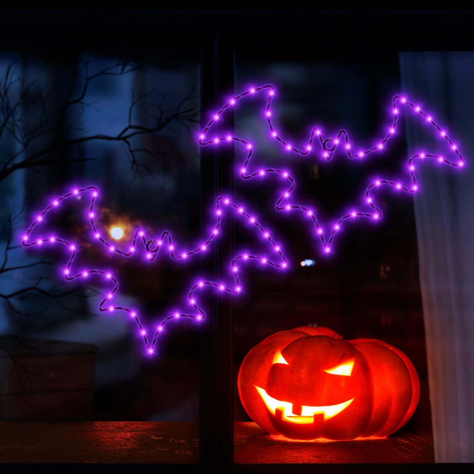 Halloween Decorations, 2 Pack Bat Window Lights, 8 Modes Battery Operated