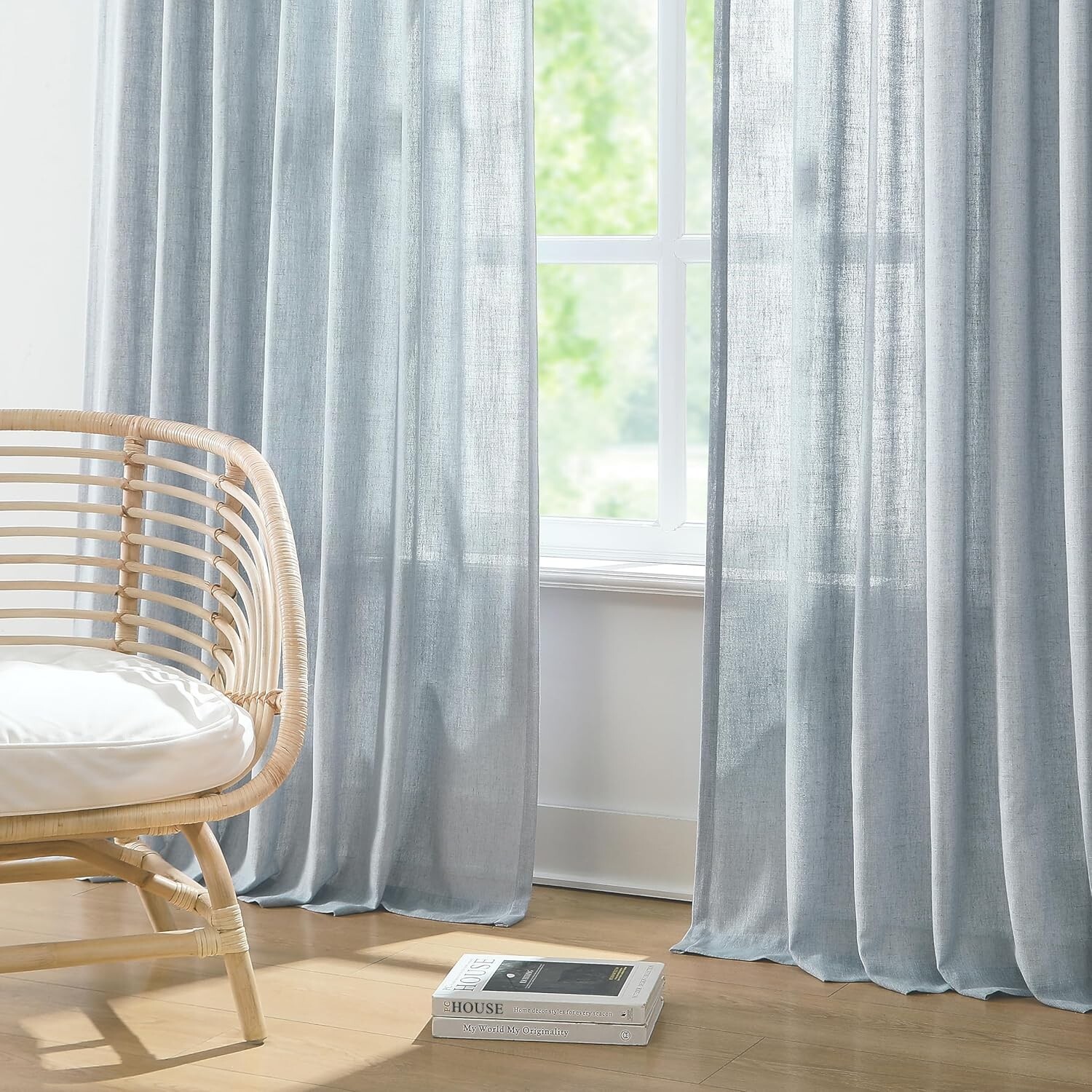 Pair Pinch Pleat Semi Sheer Curtains Textured Linen Blend Back Tab 108″ Blue Fog