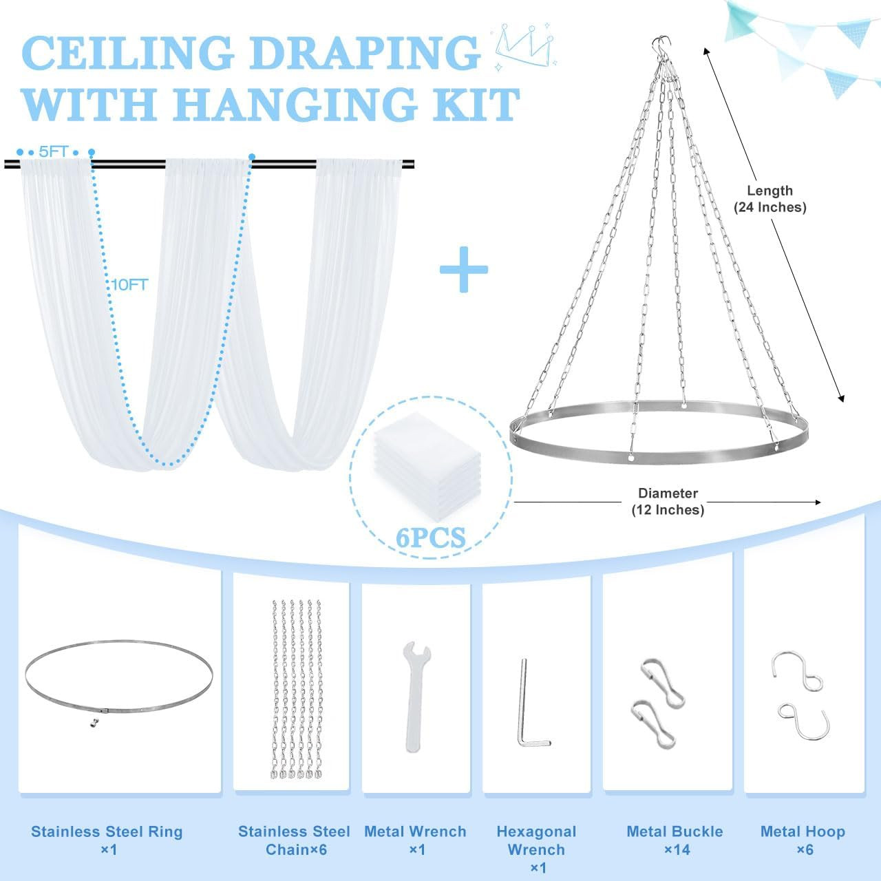 White Chiffon Ceiling Drapes with Hanging Kit for Weddings & Events – 6 Pack