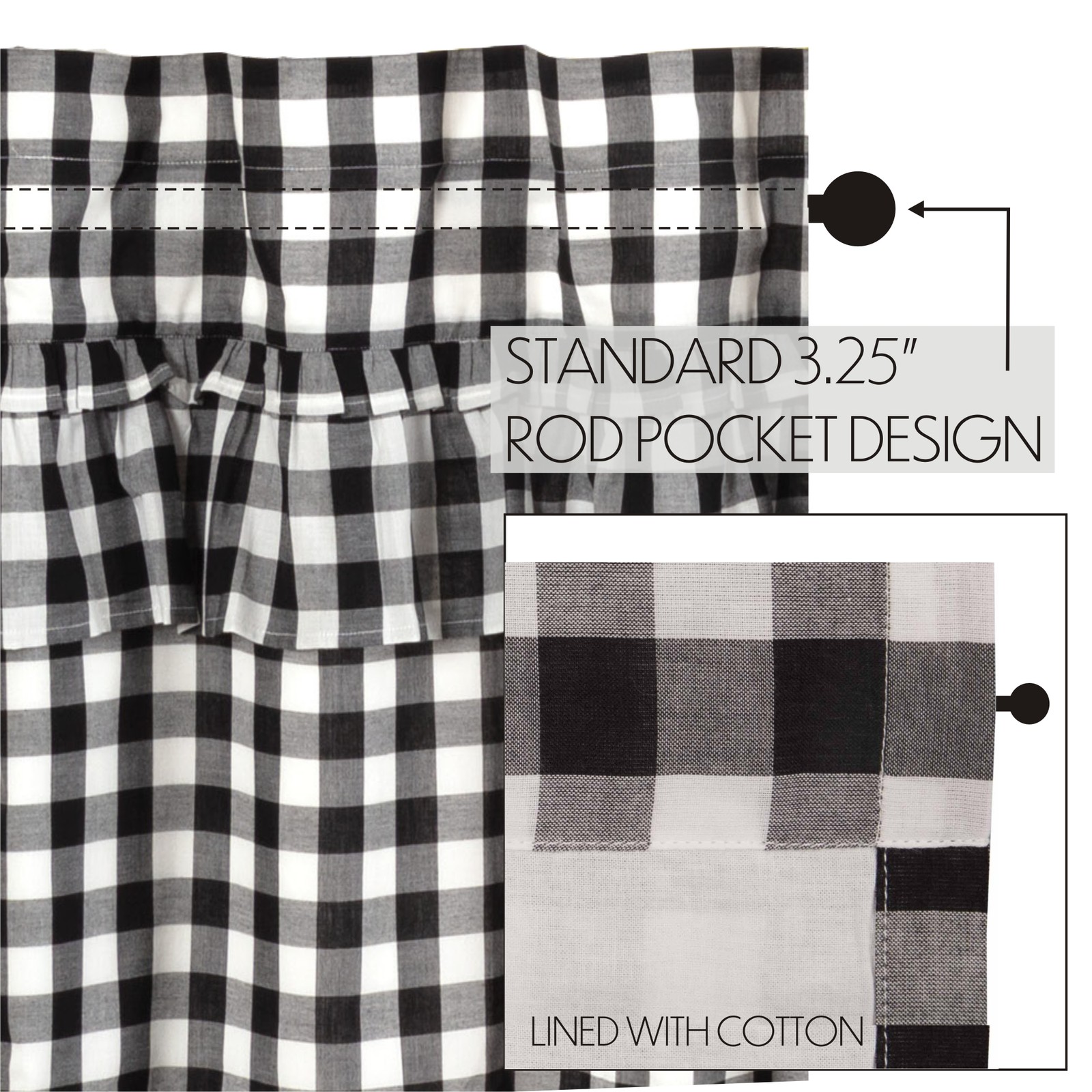 Farmhouse 24″x36″ Tier Pair Black Rod Pocket Kitchen Window Curtains VHC Brands