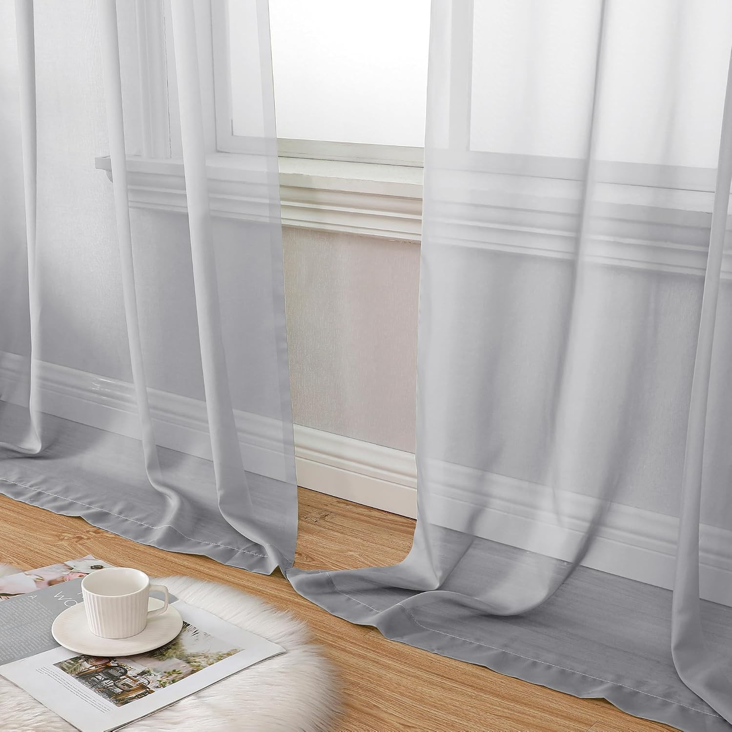 Light Grey Sheer Window Curtains 84 Inches Long 2 PCS- Rod Pocket Living Room Cu