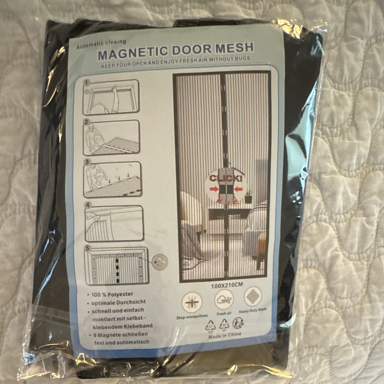 Magnetic Mesh Door Screen Curtain, Black Sheer Polyester, 100 x 210 cm