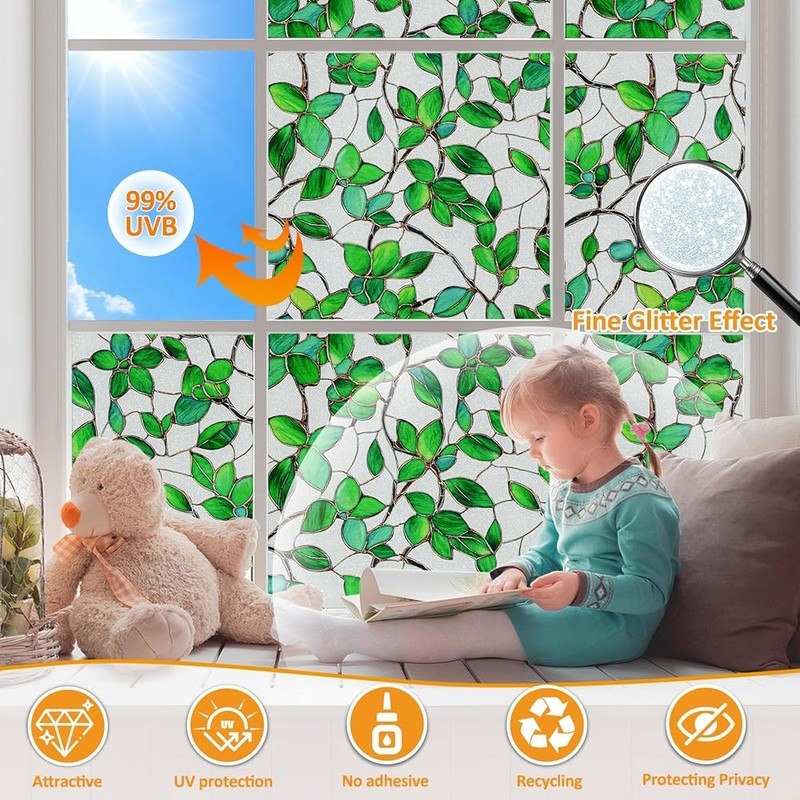 Decorative Window Film Privacy Leaf Pattern Easy Install Removable Static Cling