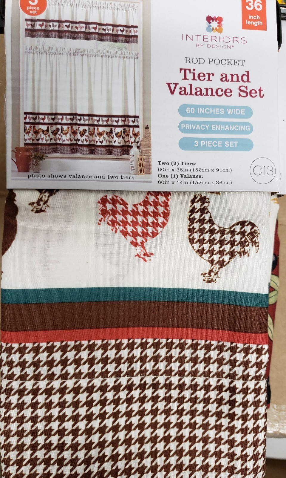 3pc. Rod Pocket Curtains Set(2 Tiers & Valance 60″x14″)DIFFERENT ROOSTERS,C13,MB