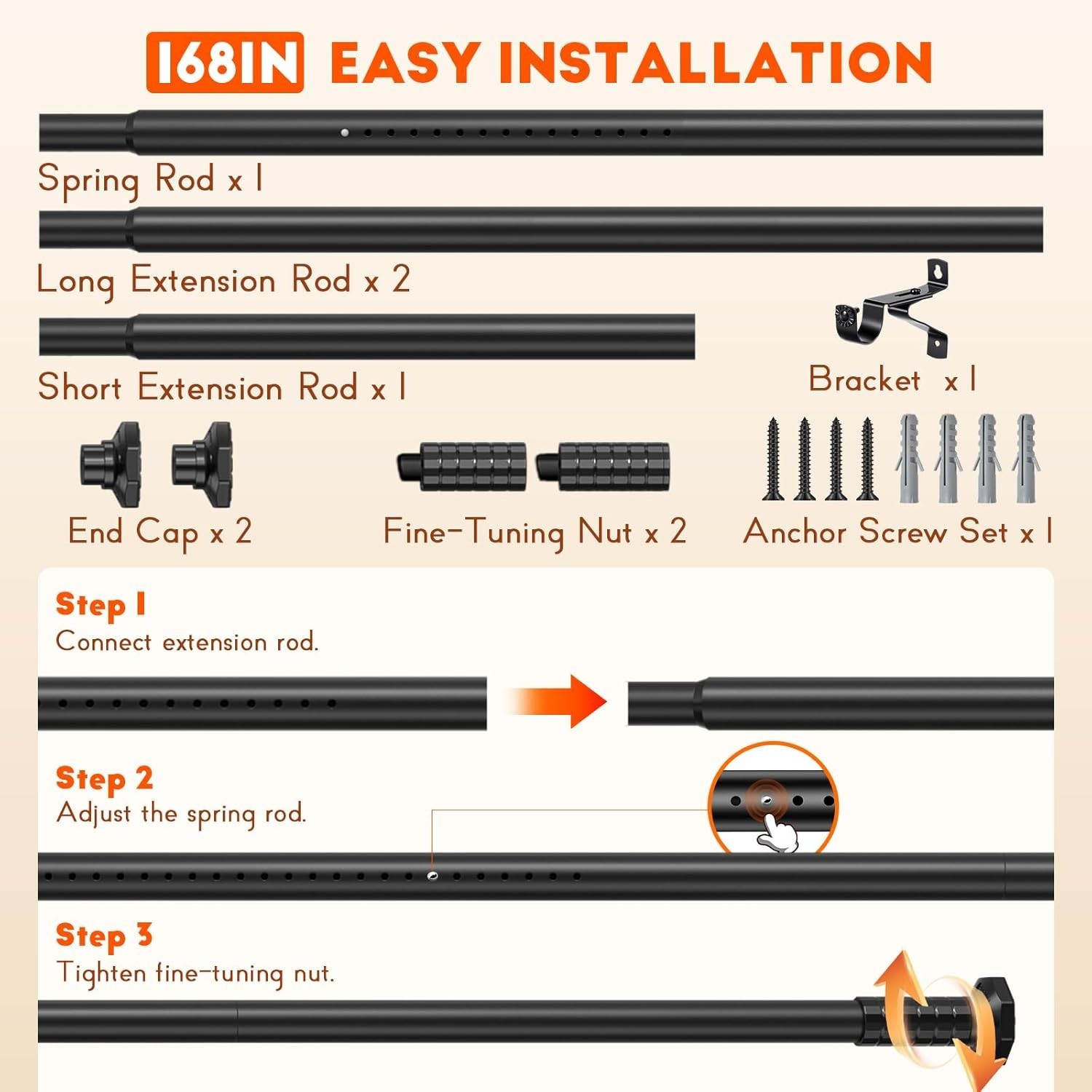 Tension Curtain Rod No Drilling 45-168 In, Black Outdoor Curtain Rod for Pati…