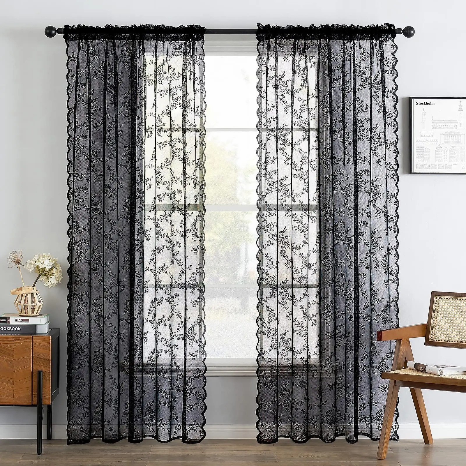 Vintage Floral Embroidery Lace Curtain Panel Privacy Light Filtering
