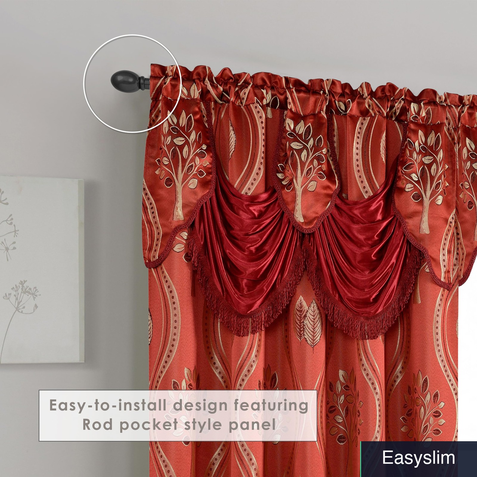 Curtain Panels Set of 2 with Valance, 54 inch Width x 84 inch Length Burgundy
