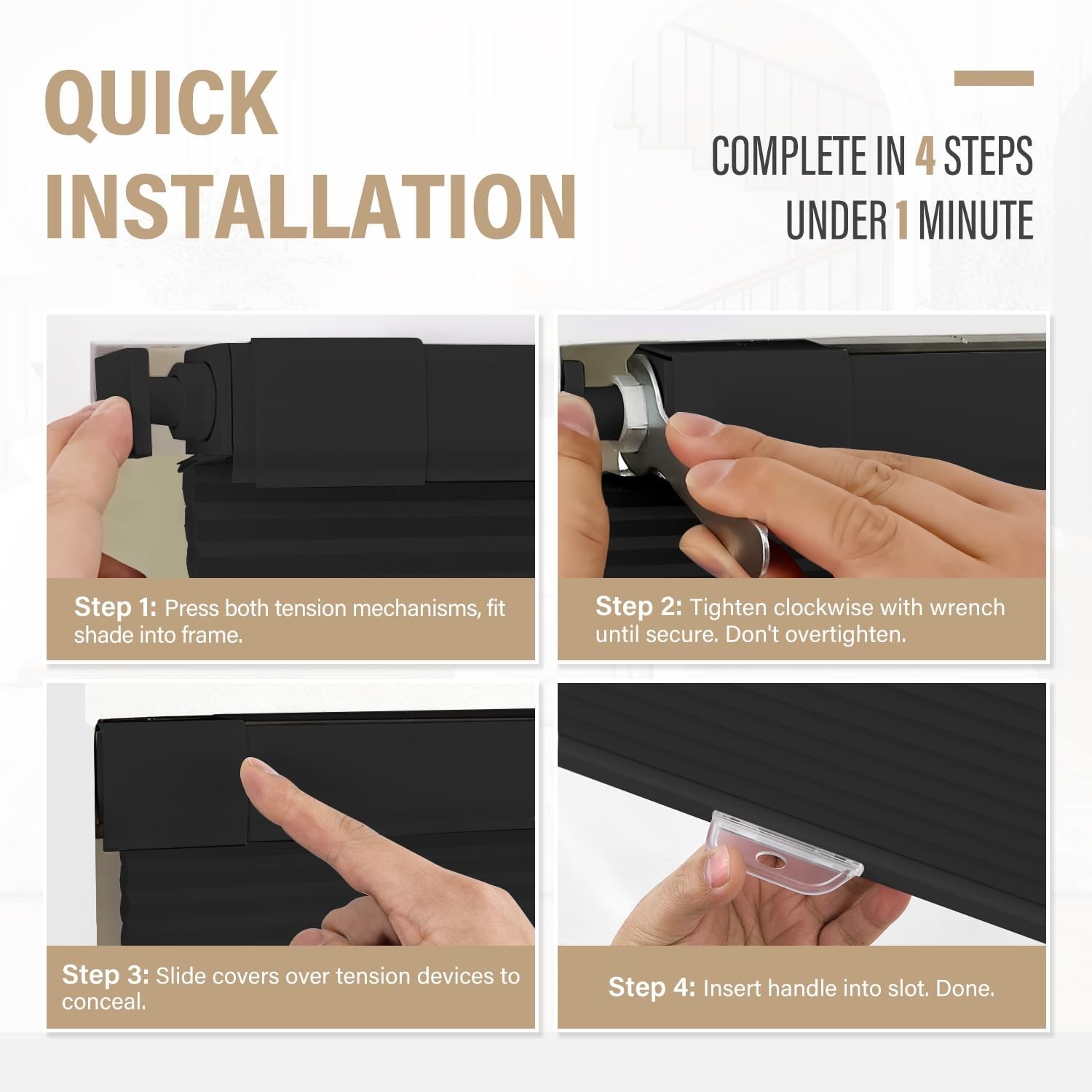 34×48 No Drill Cordless Light Filtering Cellular Shade – Black Window Covering