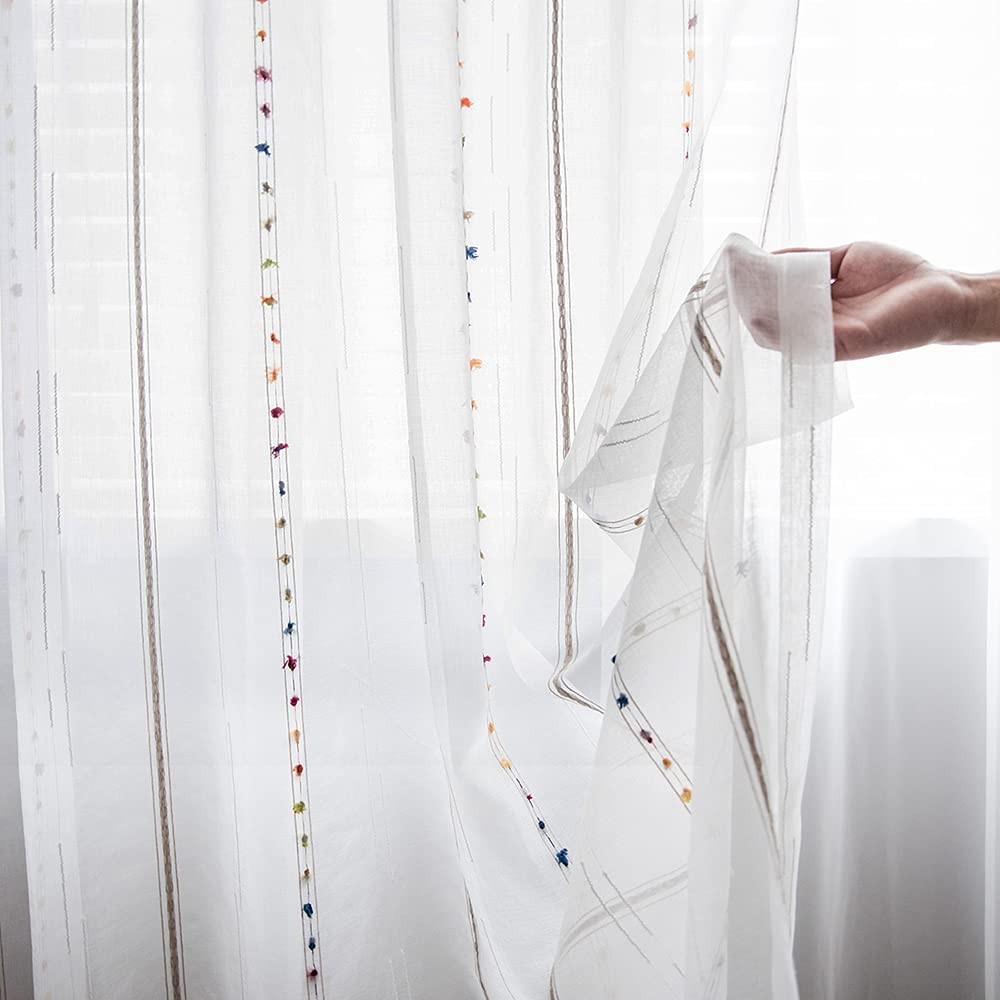 Faux Linen Stripe Pattern Sheer Curtains for Bedroom/Kids Embroidered Colorfu…