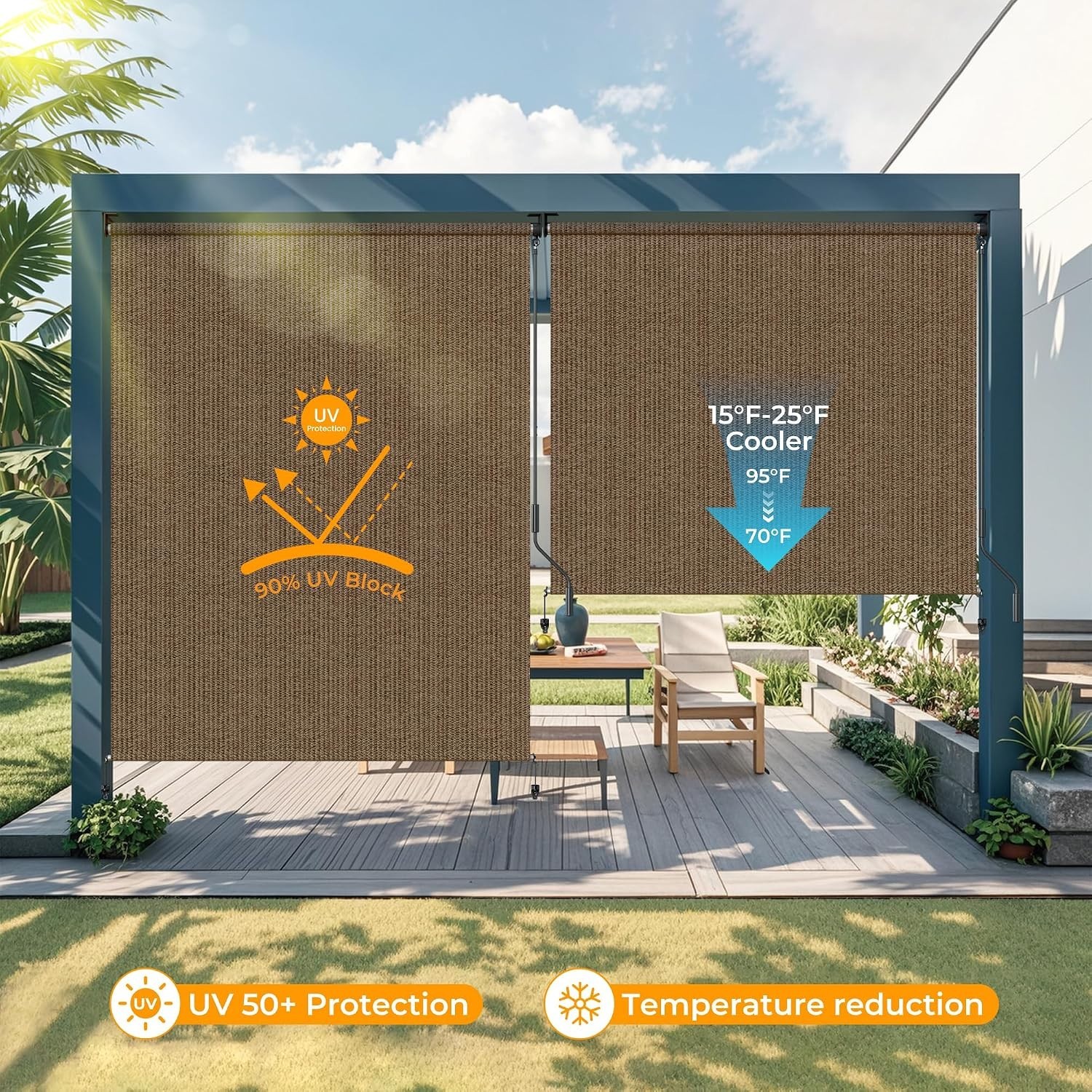 Cordless Mocha Outdoor Roller Shades, 72″ x 72″ – UV Protection & Waterproof