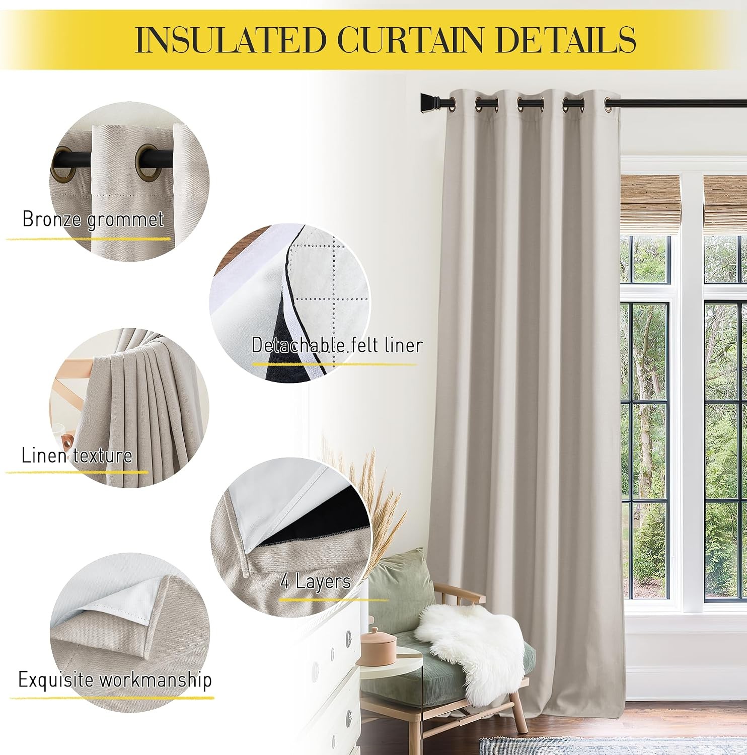 Dust Isolate Sound Barrier 100% Blackoutl Angora Faux Linen Curtains 84″ Long 1