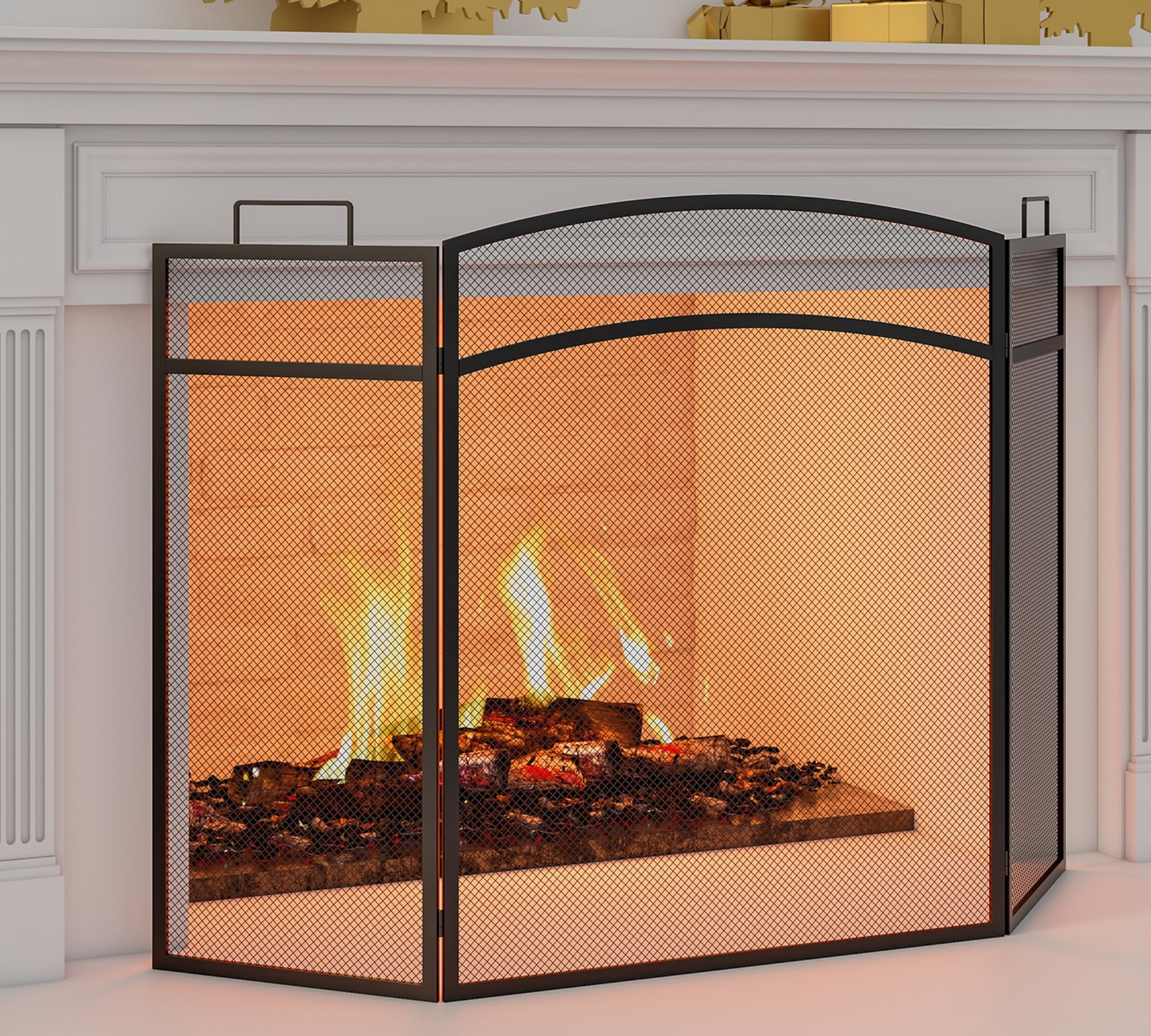 3 Panel Fireplace Screen 48″ W x 29″ H Modern Foldable with Wrought Metal Dec…