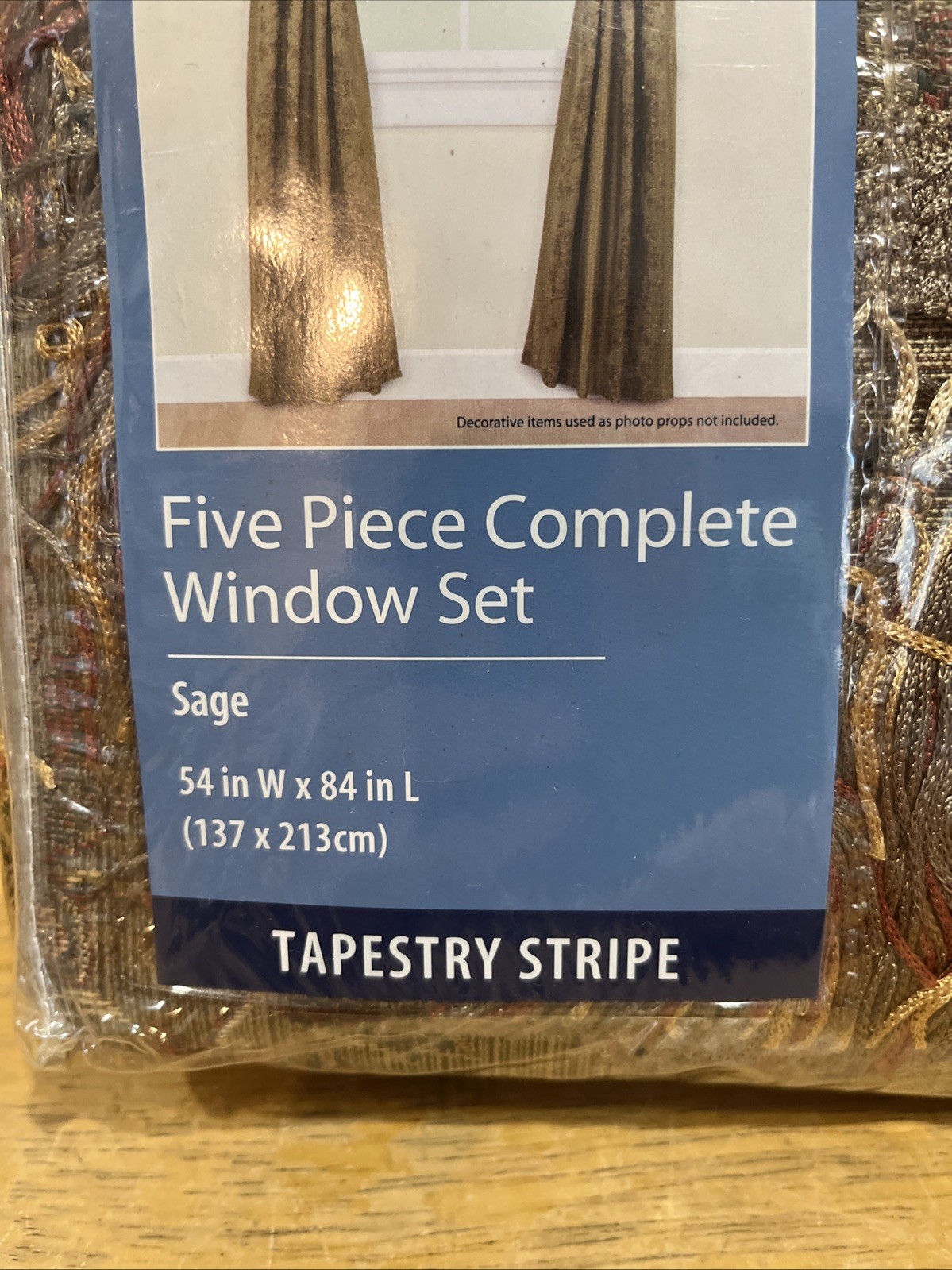Mainstays Home Tapestry Stripe Five Piece Window Set Tan Red Sage 54×84″ NEW