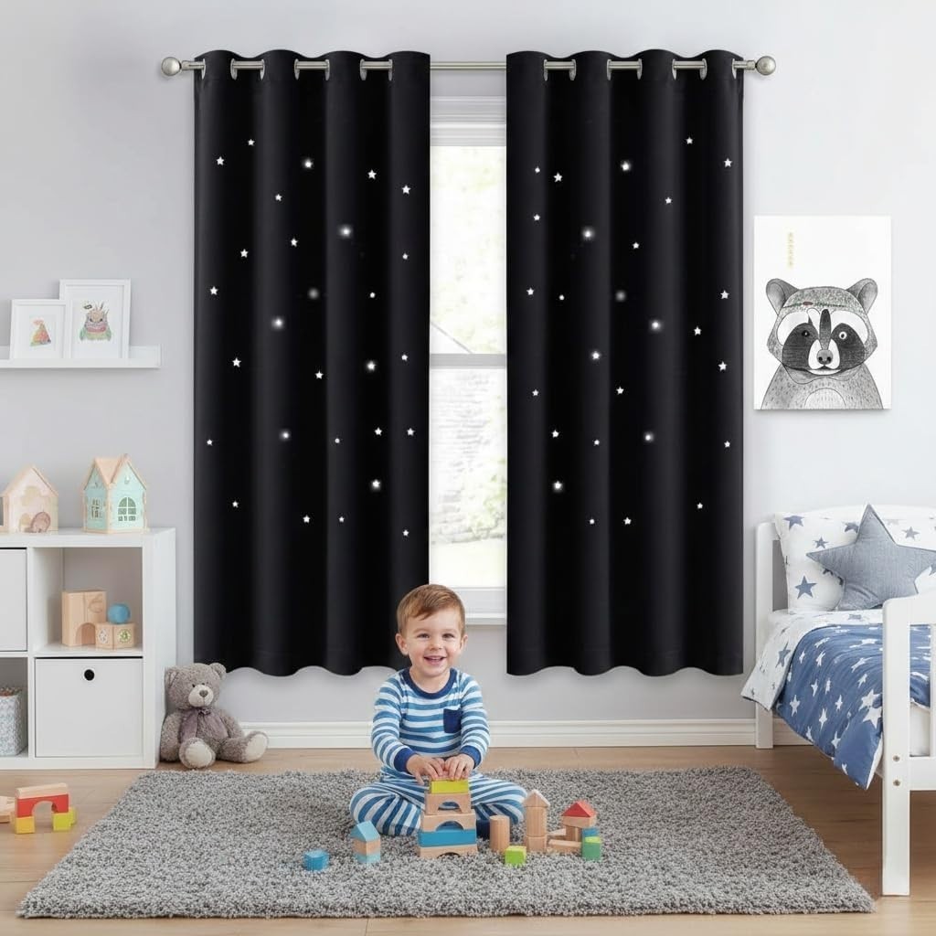 Dreamy Blackout Drapes with Star Patterns for Kids Room – 63in Length, 52in Wide