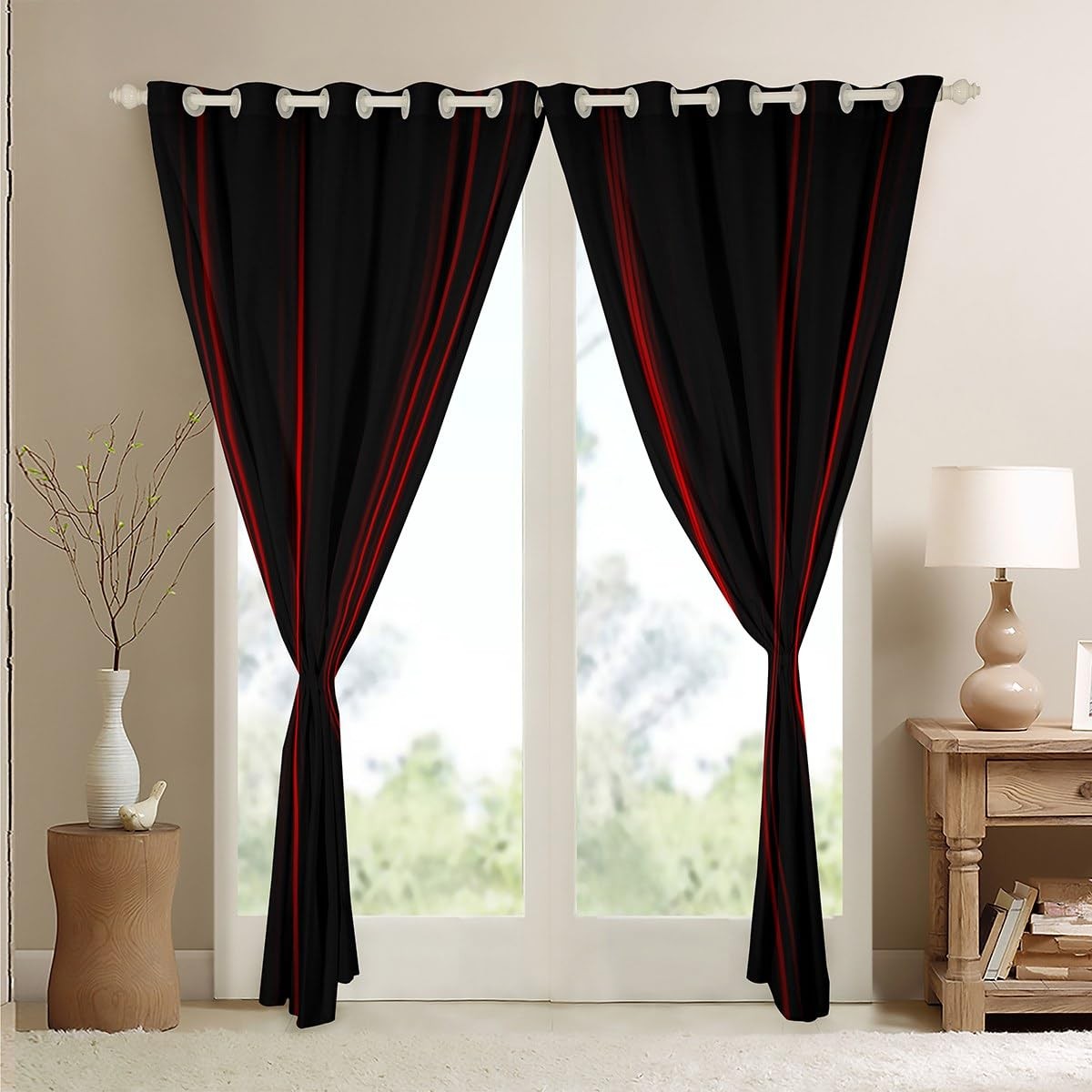 Feelyou Red Black Striped Blackout Curtains 2 Panels 52 x 84 Inch for Bedroom