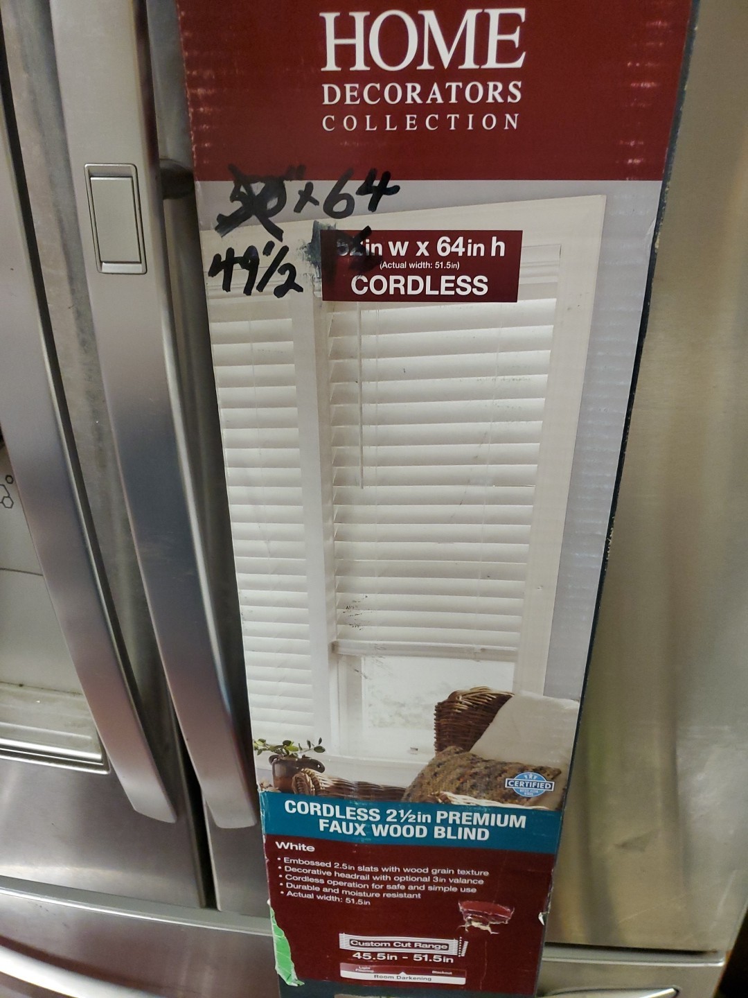 CUT 49 1/2″ x 64″ White Cordless 2 1/2″ Premium Faux Wood Blinds