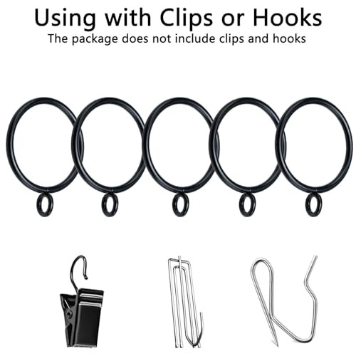 18 Pack Curtain Rings with Eyelets, Metal Clip Rings Hanging 1.5in-18pcs Black