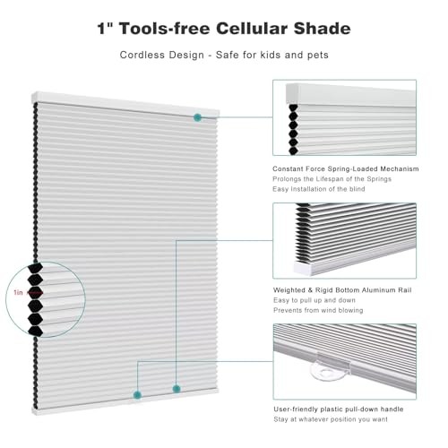 Blackout Blinds, Cordless Cellular Shades, 24″W x 64″H Blackout-white