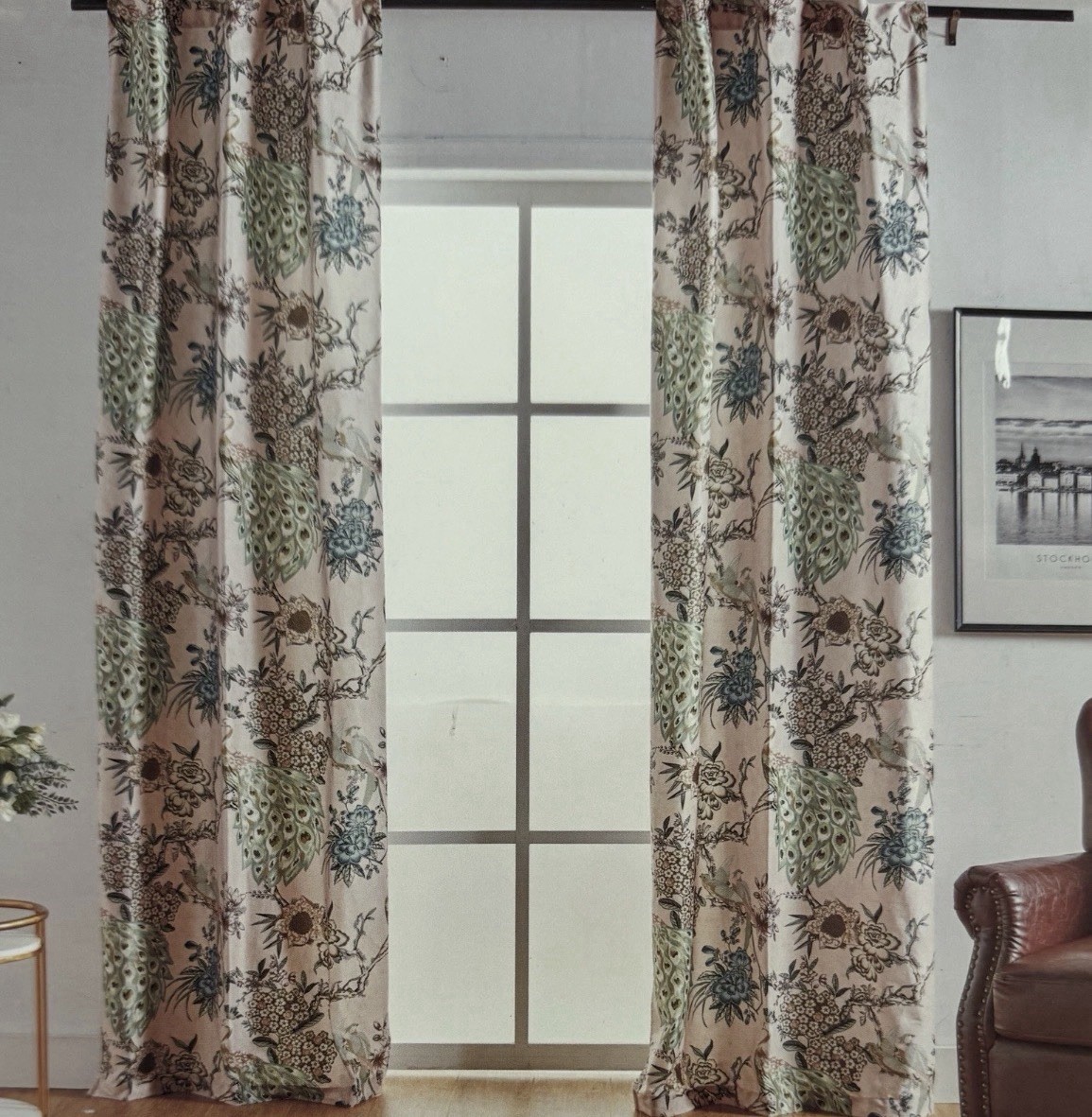 CALLISTO Window Curtains 2 Panels 38” X 84″ Peacock Birds Drapers Back Top Blush