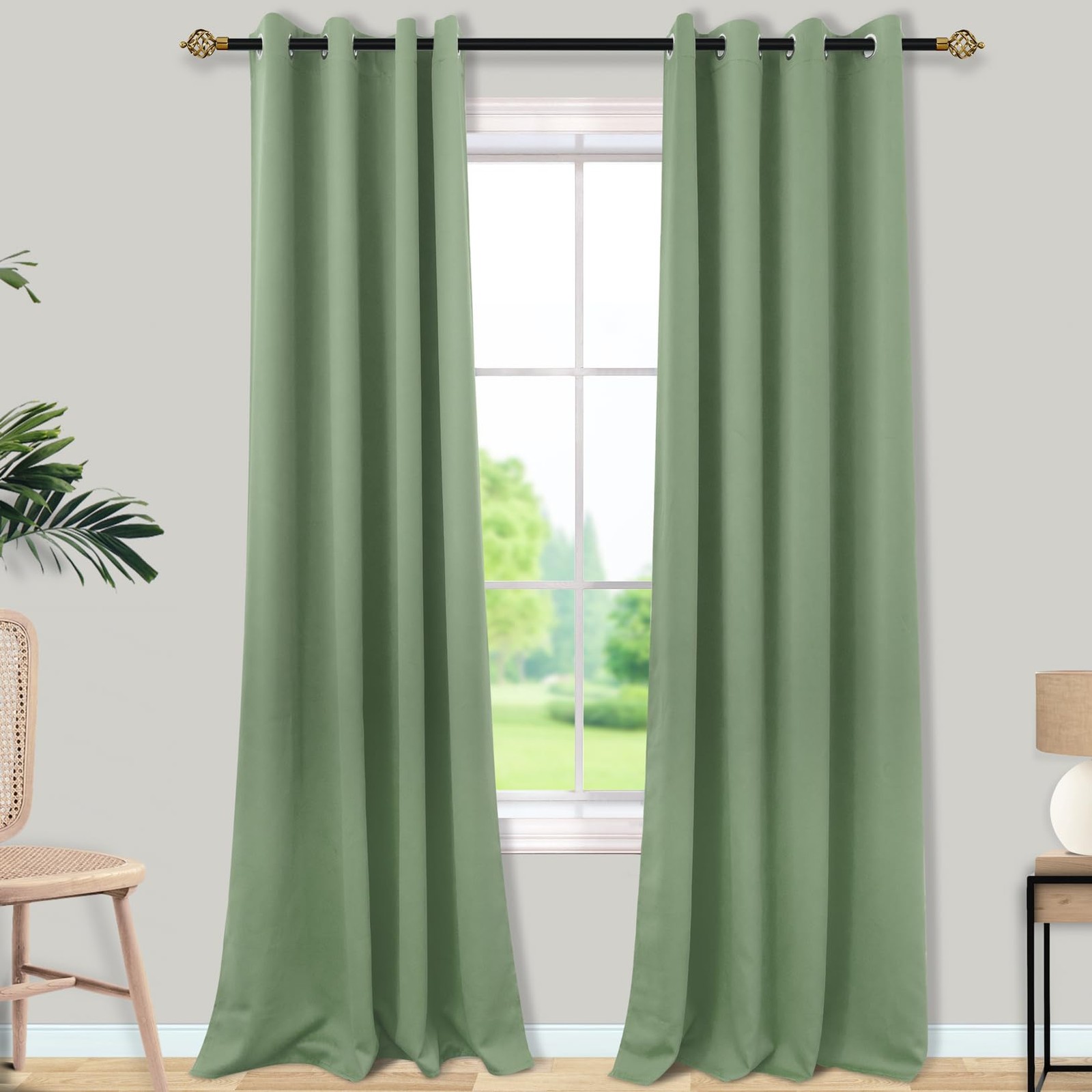 Mrs.Naturall 108 Inch Grommet Blackout Curtains 2 Panels Sage Green