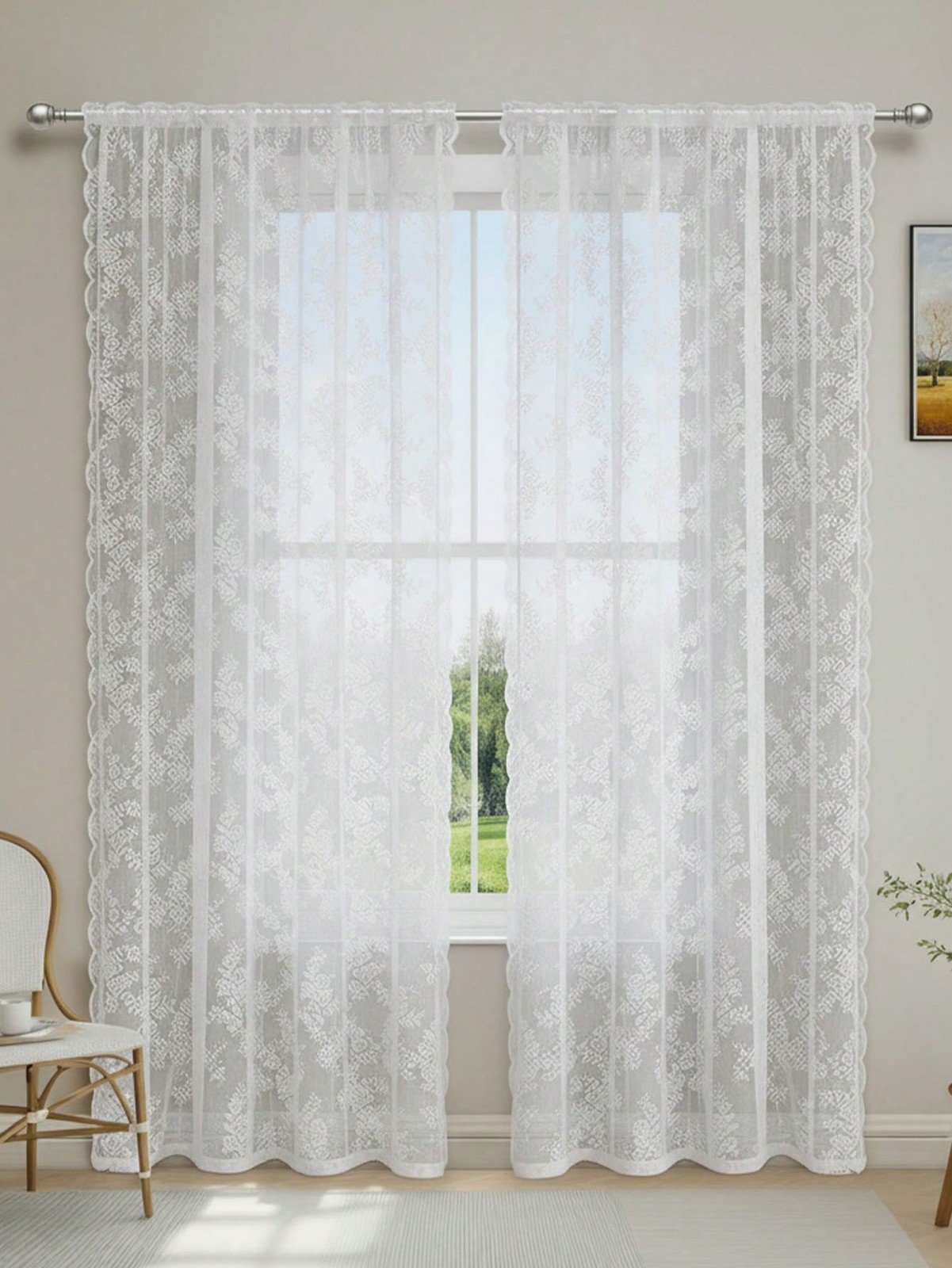 White Floral Lace Sheer Curtain Panel 59Wx118L 150x300cm For Window