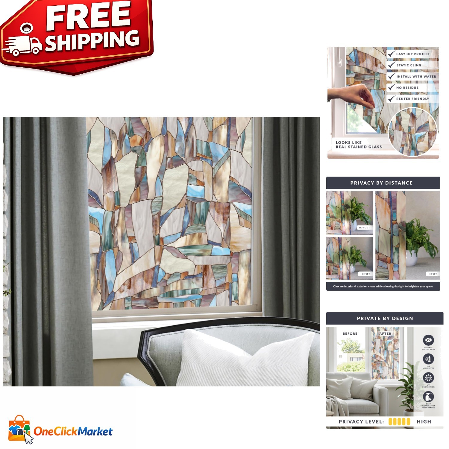 Stained Glass Window Privacy Film – 24 x 36 Inch, UV Protection & Easy Apply