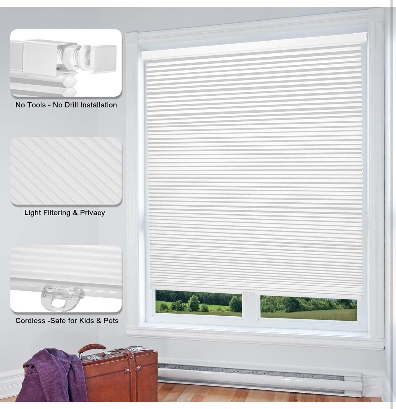 Cordless Cellular Shades,No Drill No Tools Light Filtering Honeyco 32″ W x 48″ H