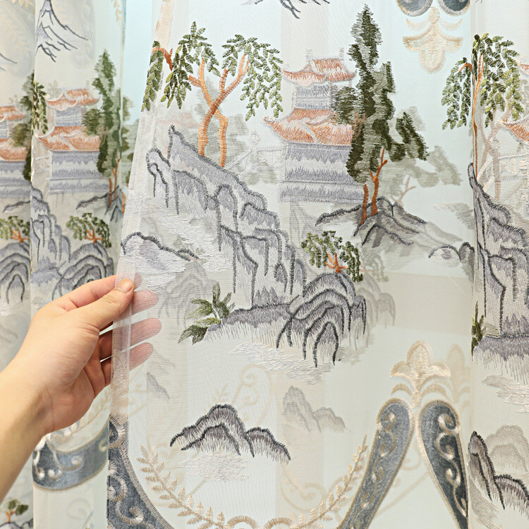 Custom Chinese landscape embroidery simple grey cloth curtain valance drape C973