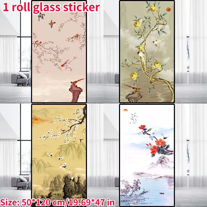 Frosted Stained Privacy Window Films Static Glass Sticker Flower Bird Pattern