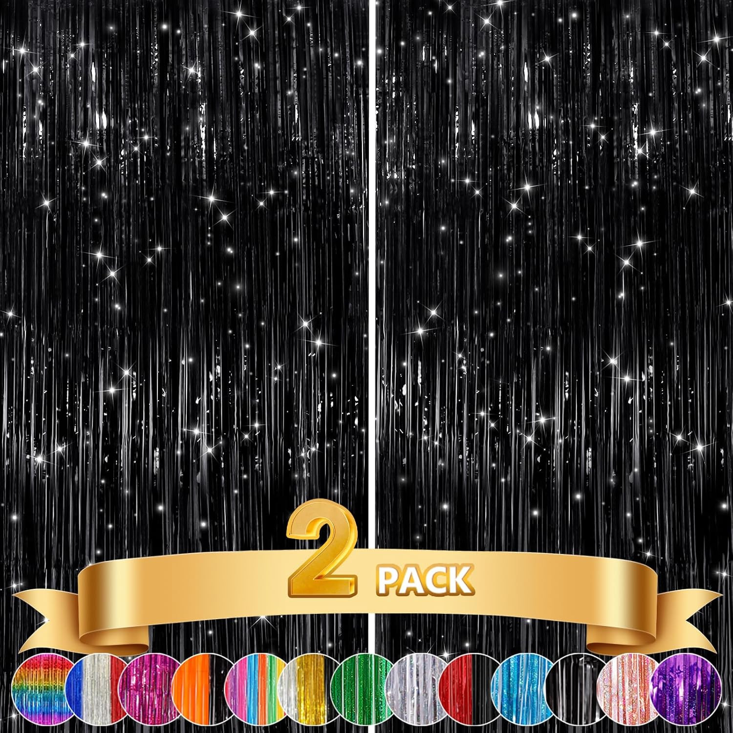 2Pack Black Metallic Tinsel Foil Fringe Curtains, Black Foil Curtain Backdrop, P